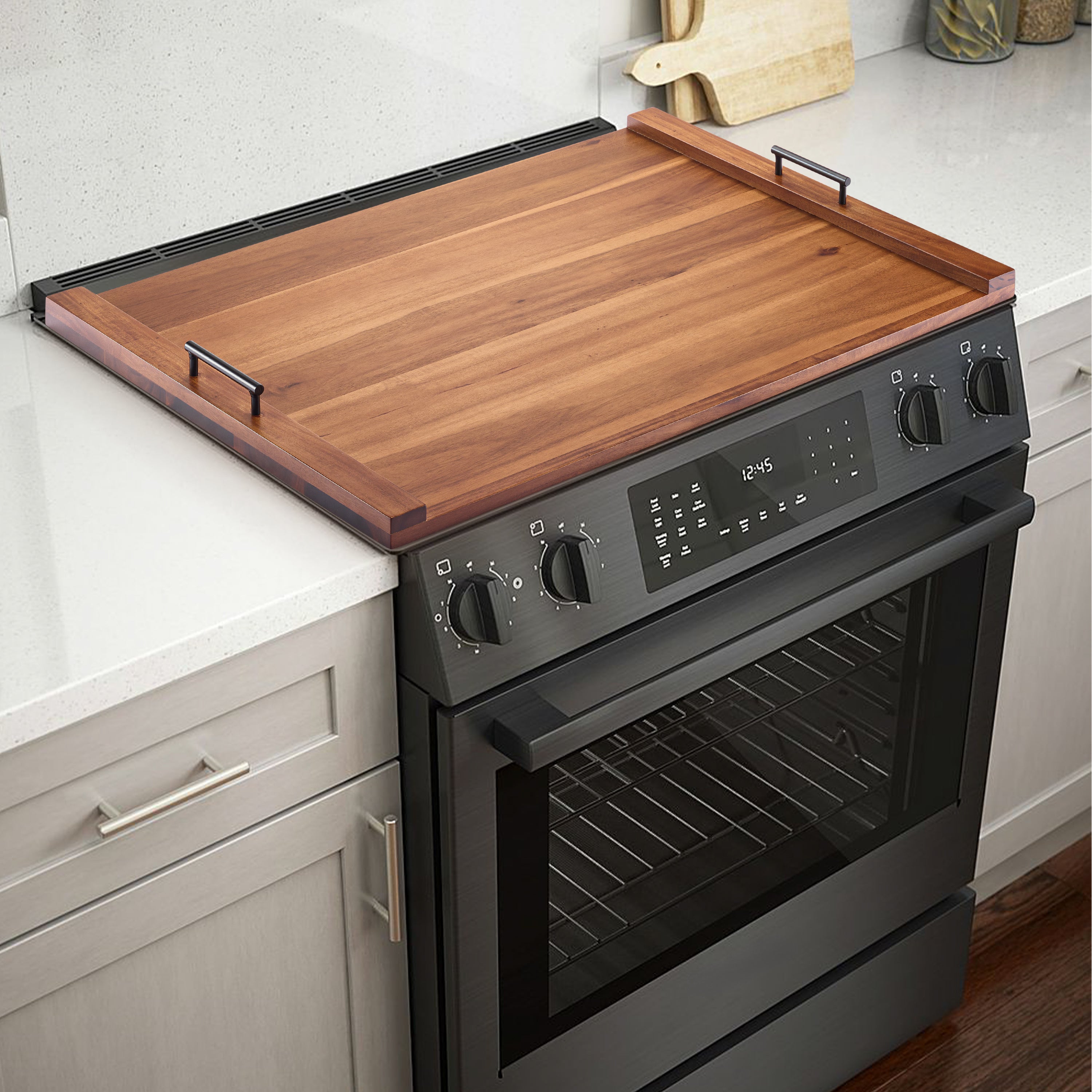 30"Lx22"W Acacia Stove Top Covers for Electric Stove, Metal Handles-thumbmail-1