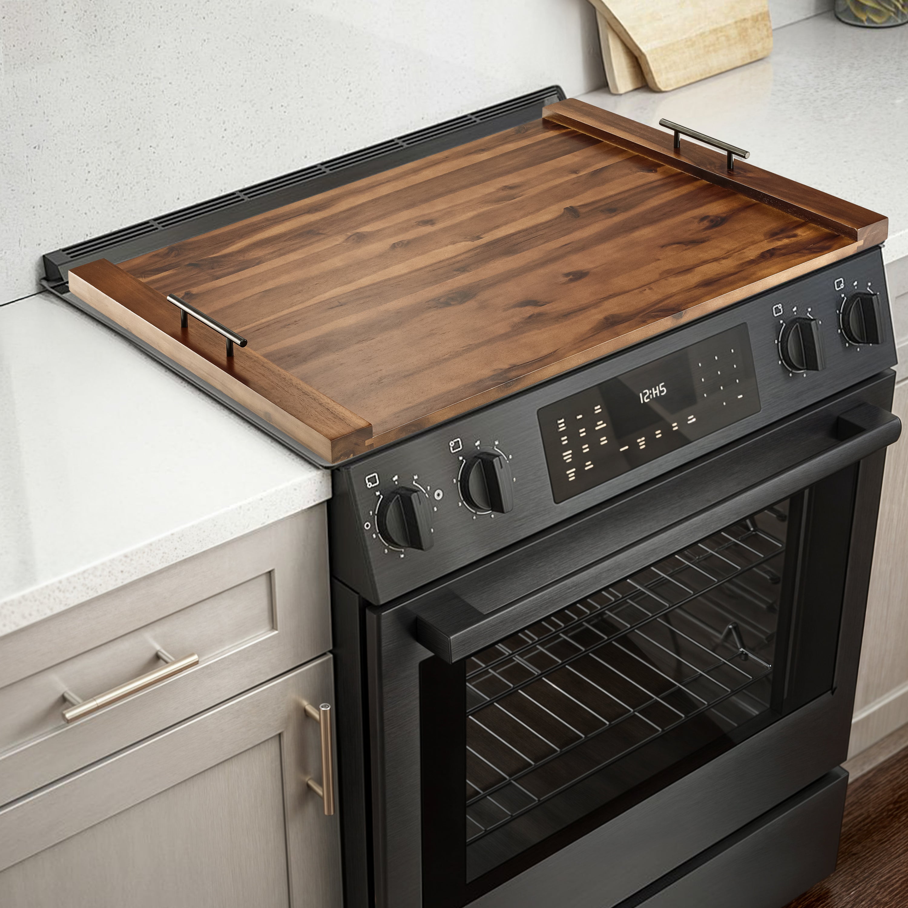 Acacia Stove Top Covers for Electric Stove, Handles, Walnut color-thumbmail-1