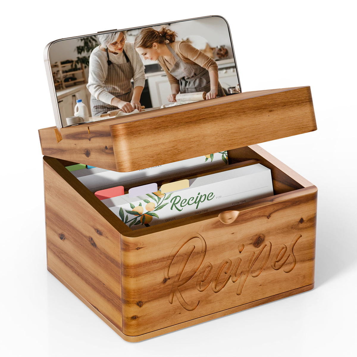Acacia Recipe Box with Card Slot & Phone Holder, 100 Recipe Cards-thumbmail-1