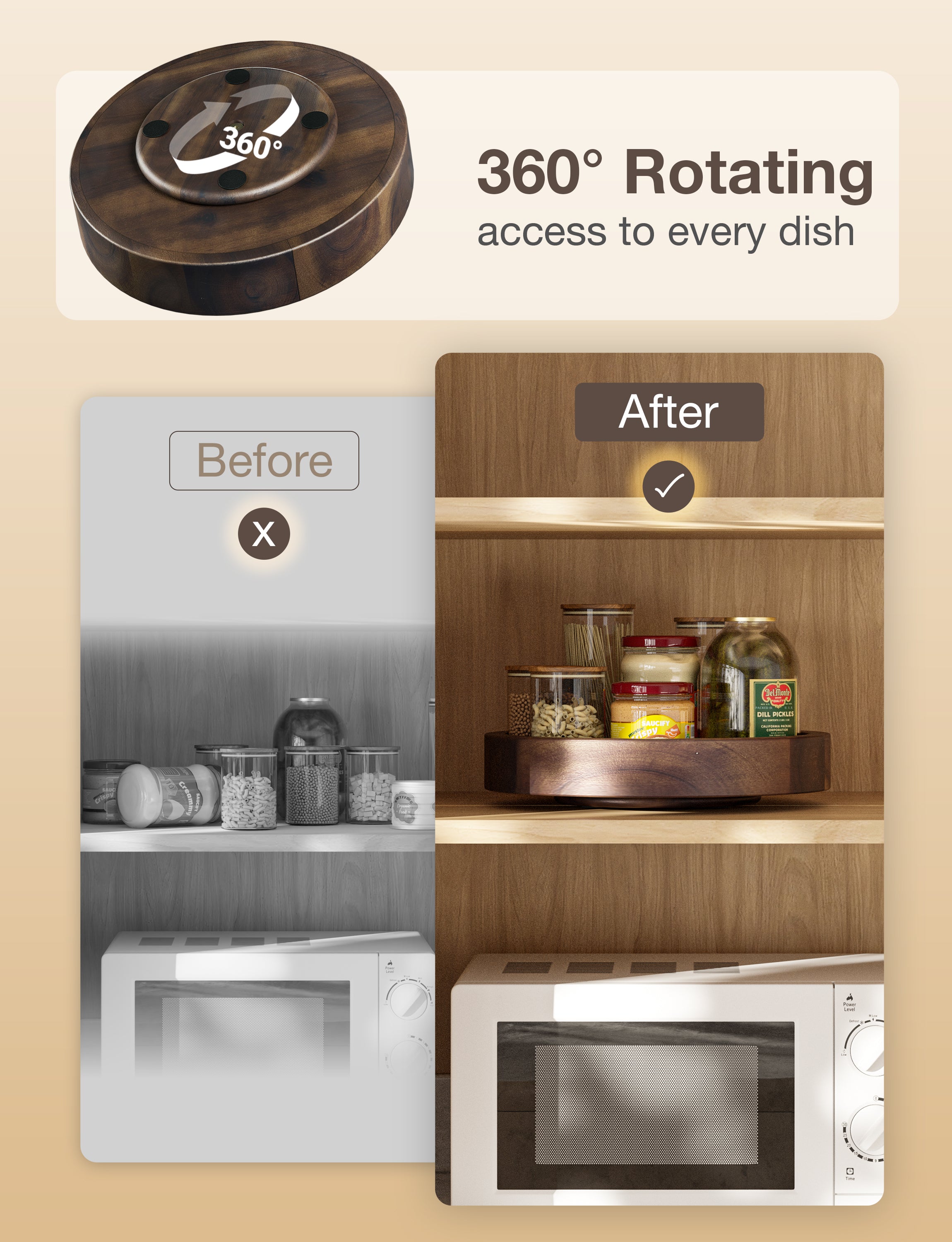 13" Rotating Wooden Lazy Susan Organizer for Cabinet (Walnut color)-thumbmail-5