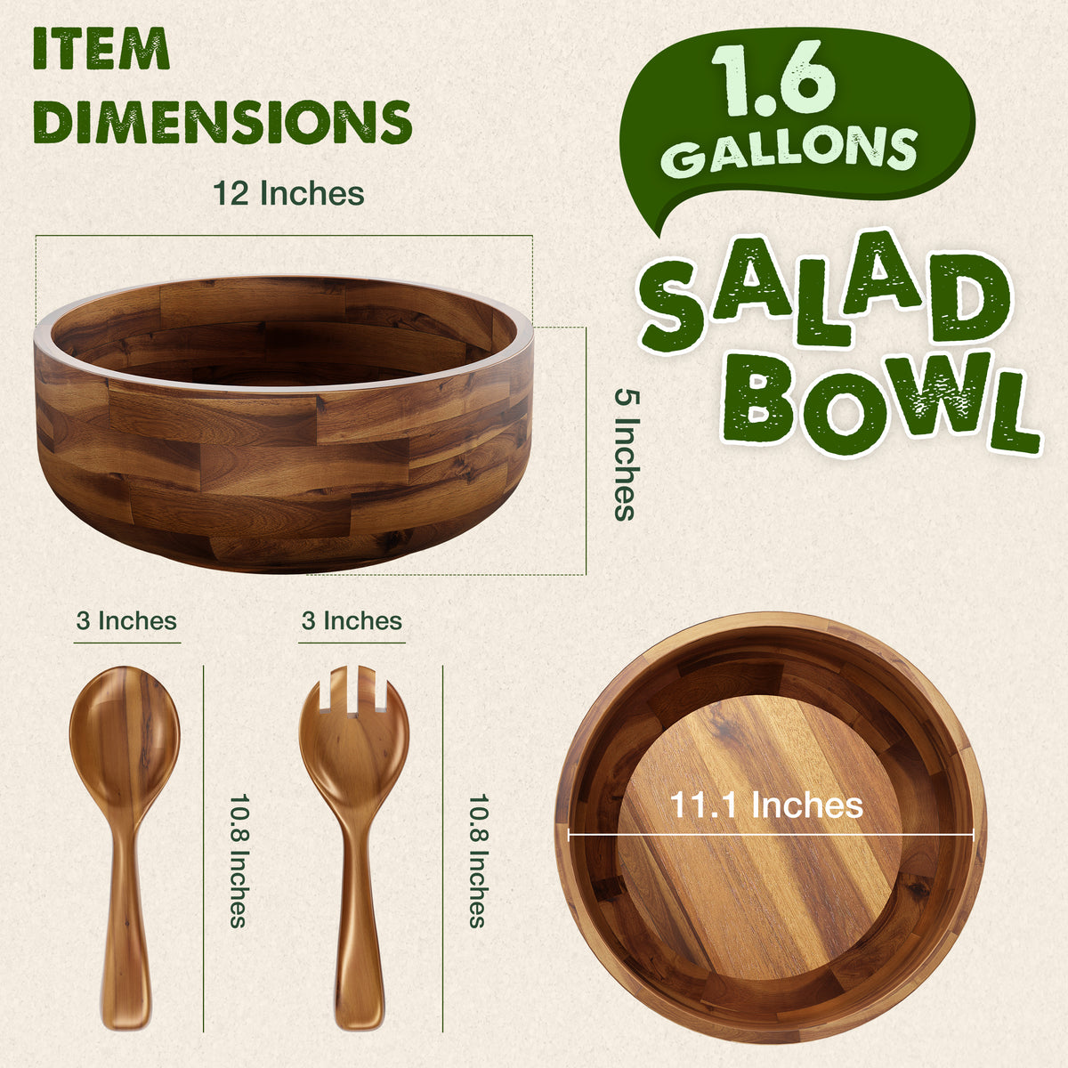 12" Salad Bowl Set with Serving Utensils, Solid Wood, Generous Size-thumbmail-6
