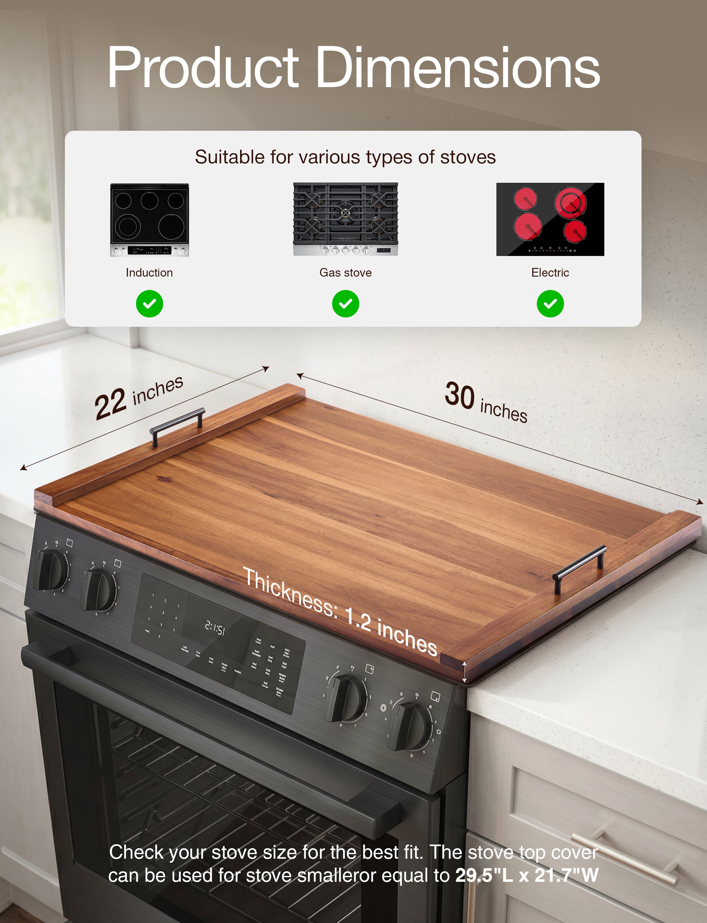 30"Lx22"W Acacia Stove Top Covers for Electric Stove, Metal Handles-thumbmail-3