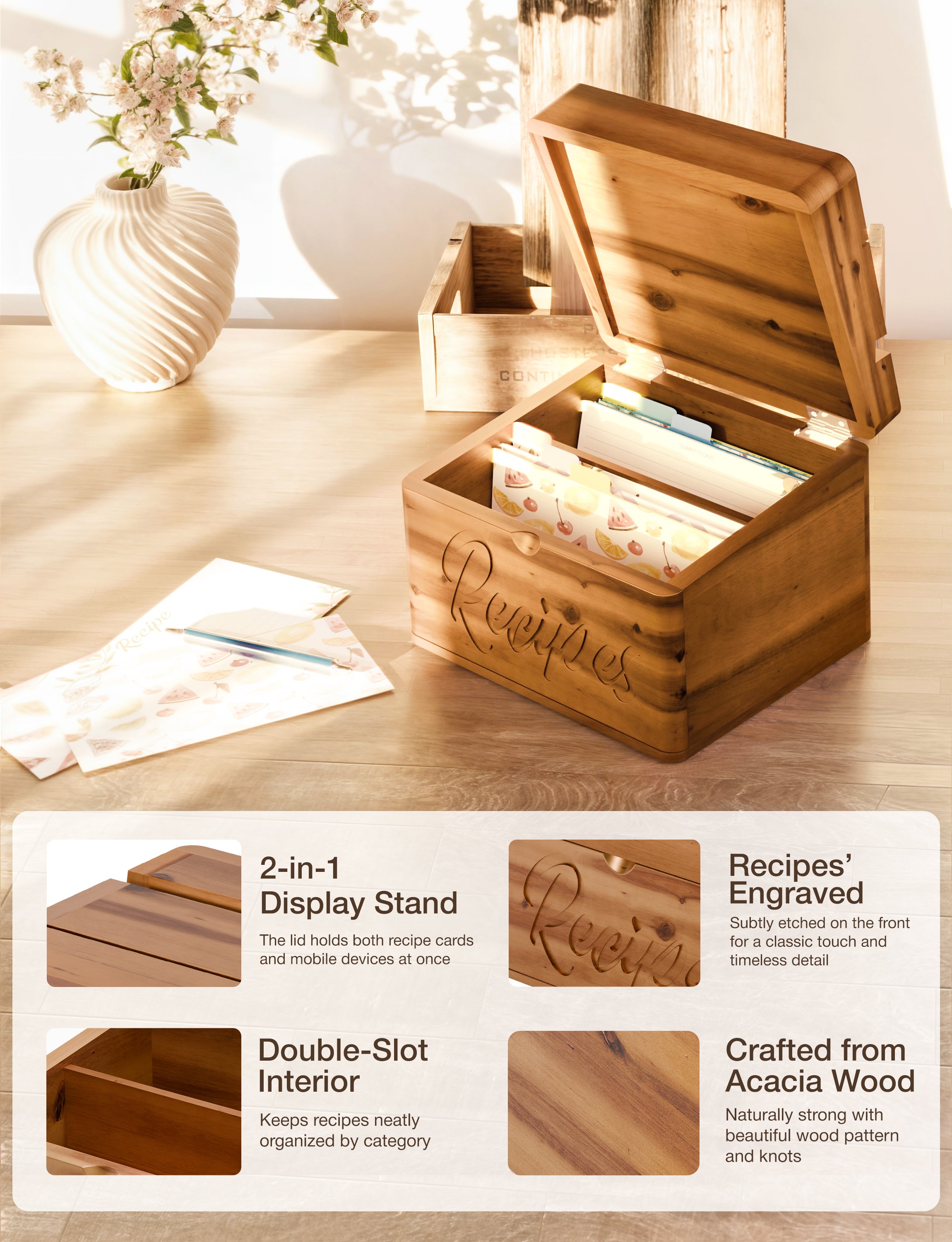 Acacia Recipe Box with Card Slot & Phone Holder, 100 Recipe Cards-thumbmail-3