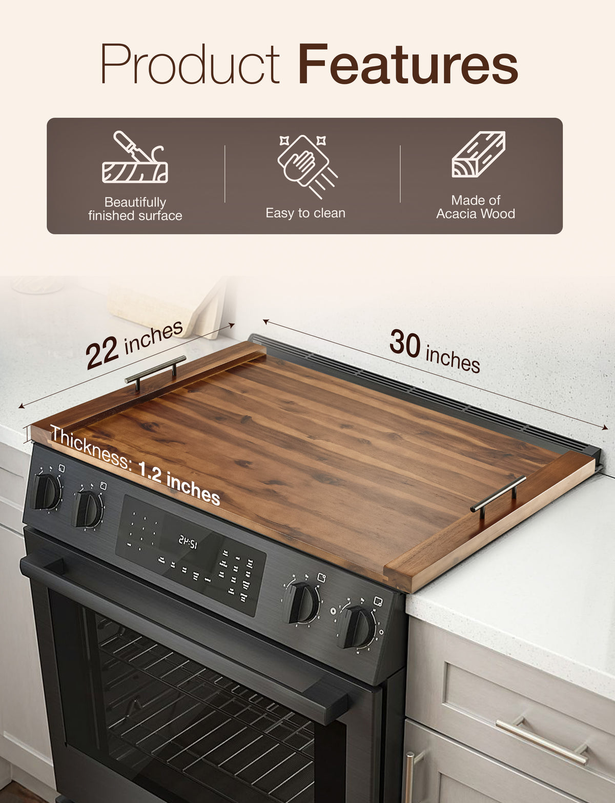 Acacia Stove Top Covers for Electric Stove, Handles, Walnut color-thumbmail-3