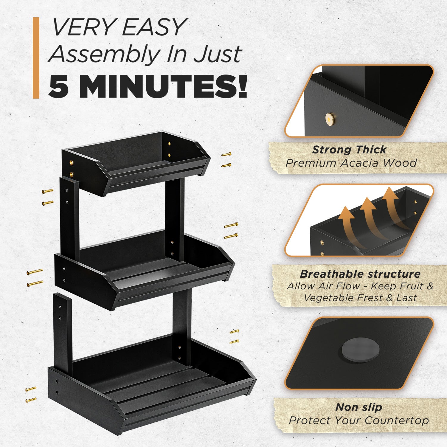 Acacia 3 Tier Fruit Basket, Easy Assembly, Versatile Use (Black)-thumbmail-4
