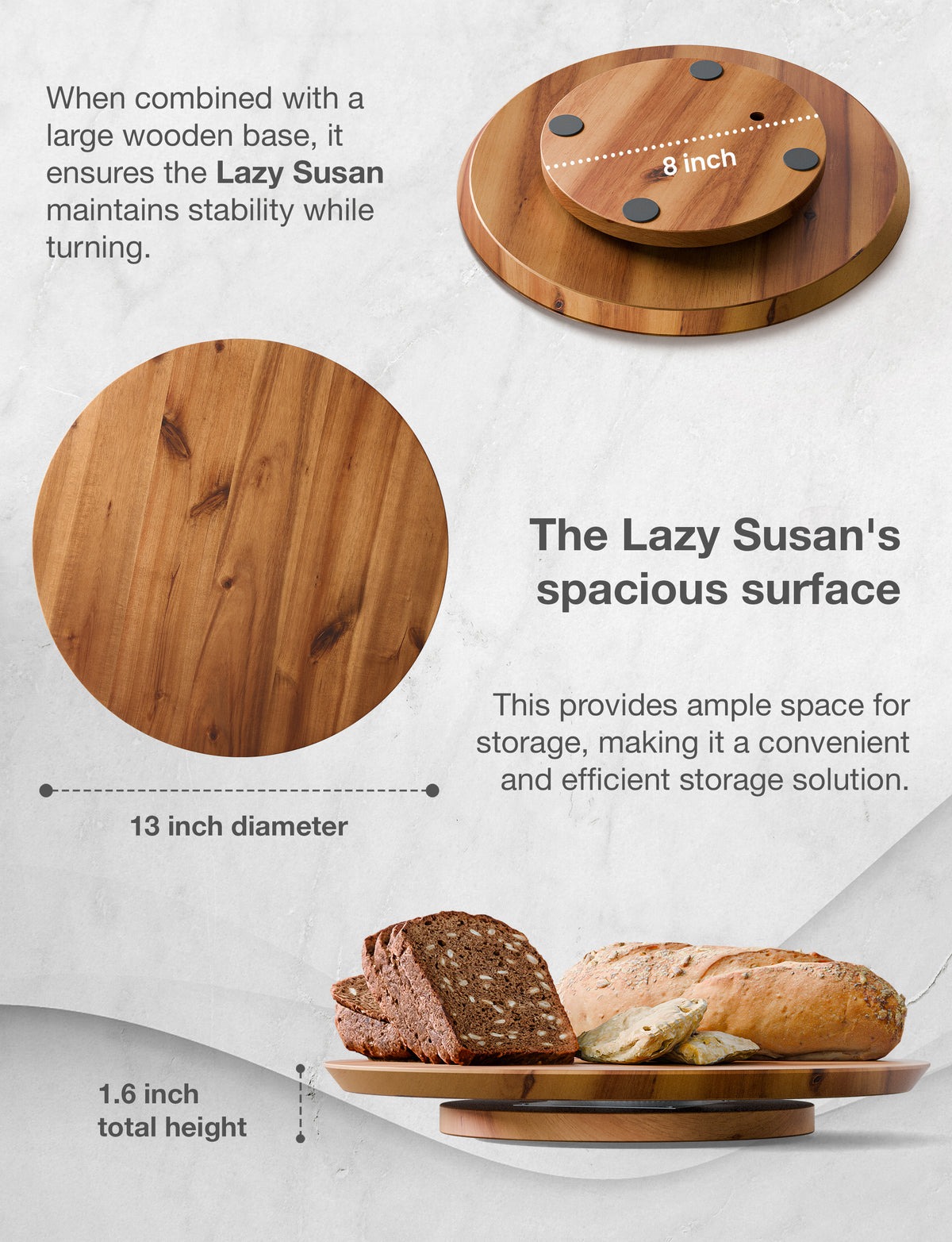 13" Wooden Lazy Susan Organizer for Cabinet, 360° Rotation, No Rim-thumbmail-4