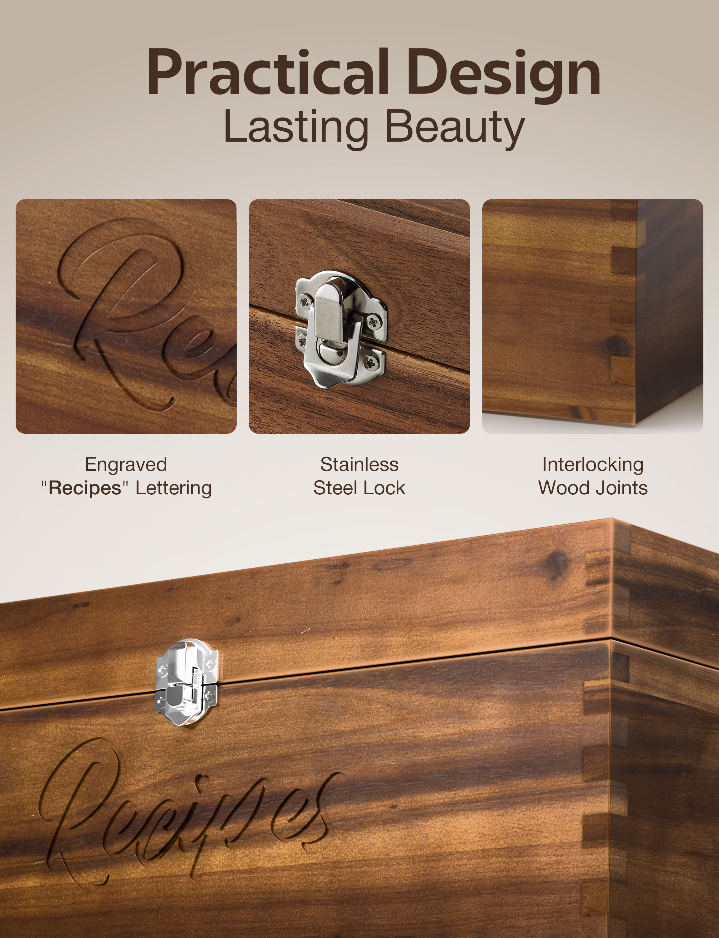 Large Wooden Recipe Box with Recipe Cards & Dividers (Walnut color)-thumbmail-4