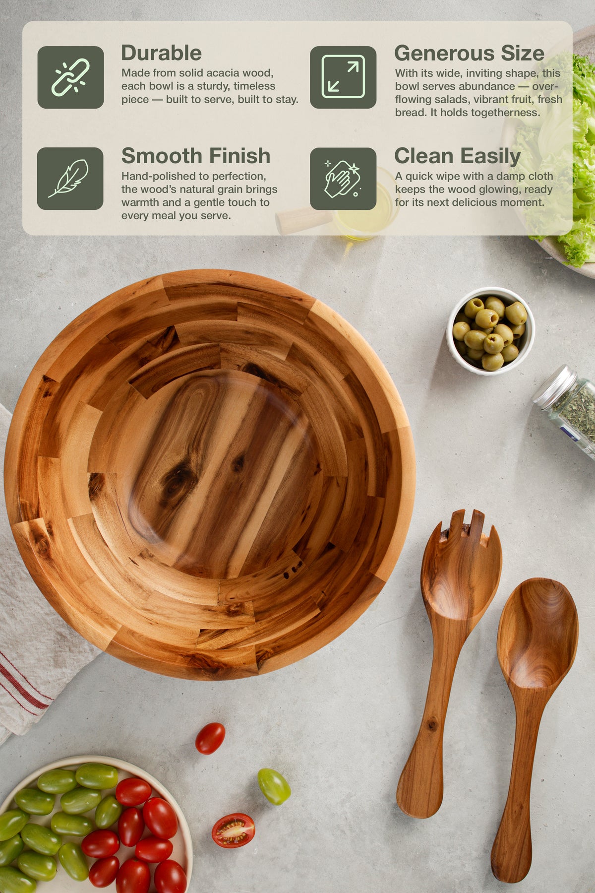 12" Salad Bowl Set with Serving Utensils, Solid Wood, Generous Size-thumbmail-4