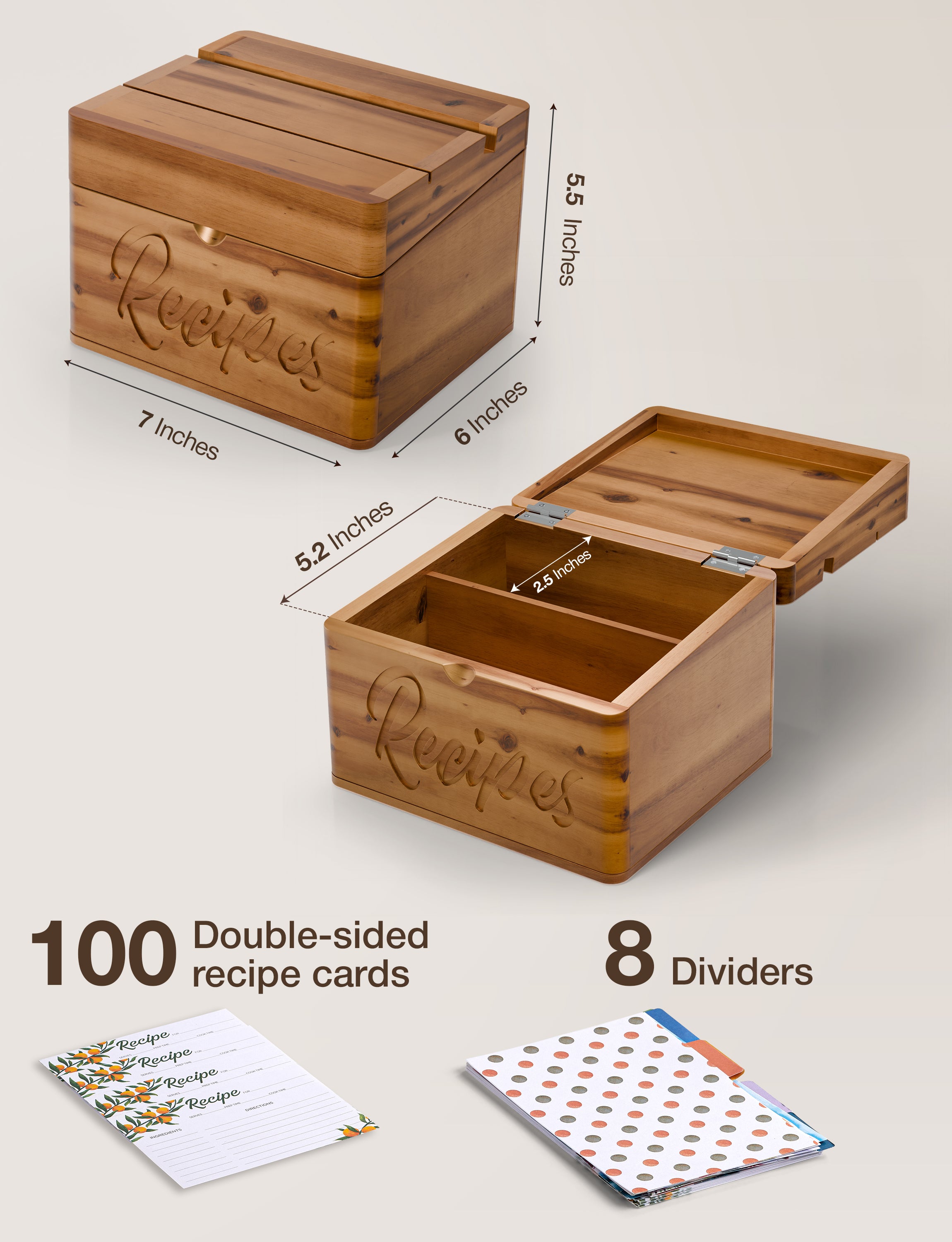 Acacia Recipe Box with Card Slot & Phone Holder, 100 Recipe Cards-thumbmail-4