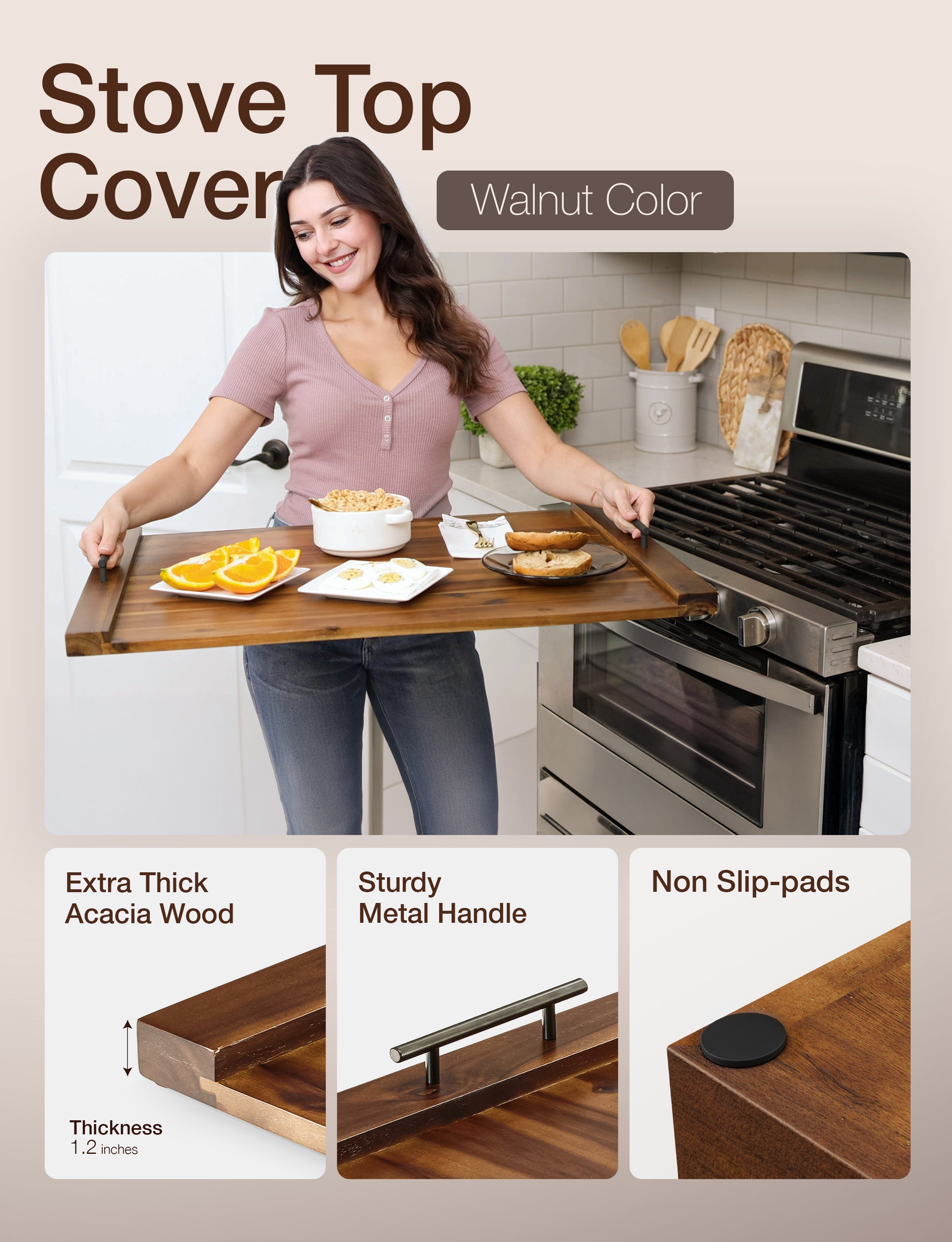Acacia Stove Top Covers for Electric Stove, Handles, Walnut color-thumbmail-5