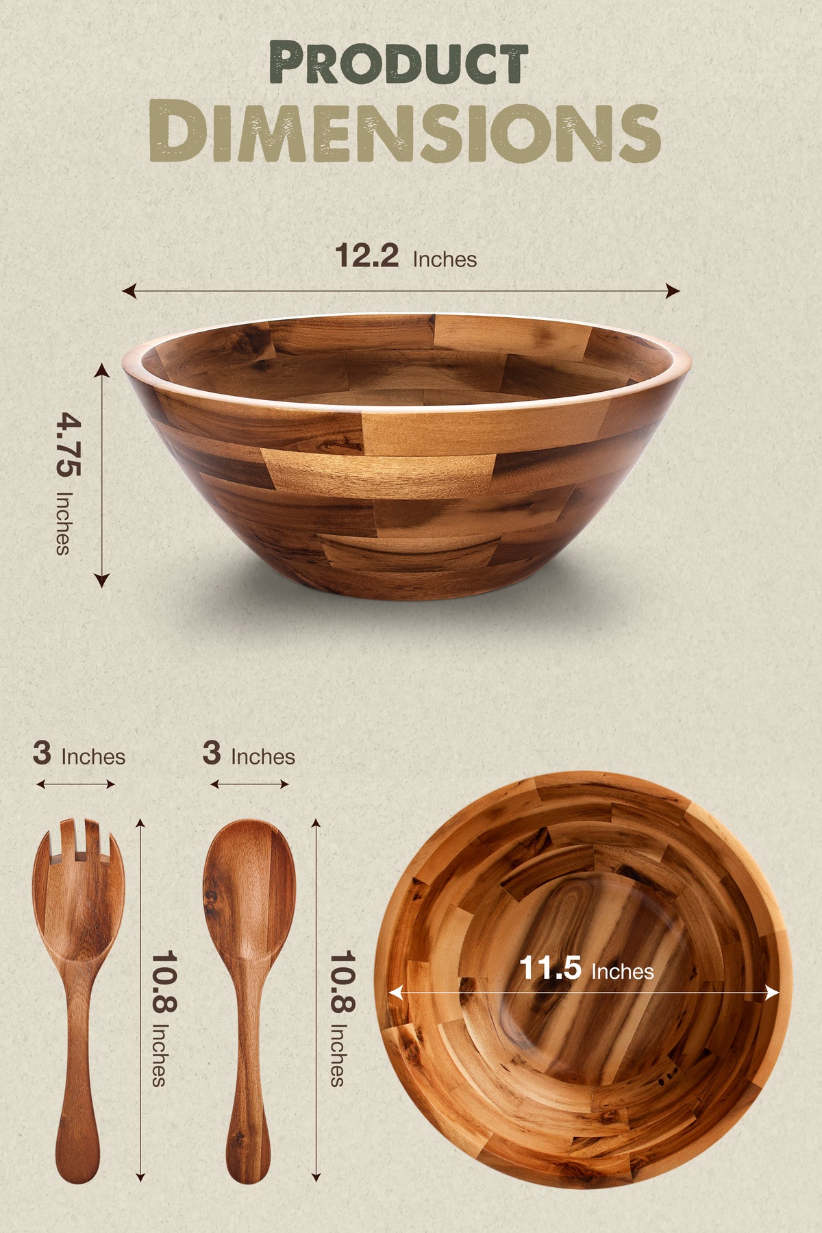 12" Salad Bowl Set with Serving Utensils, Solid Wood, Generous Size-thumbmail-5