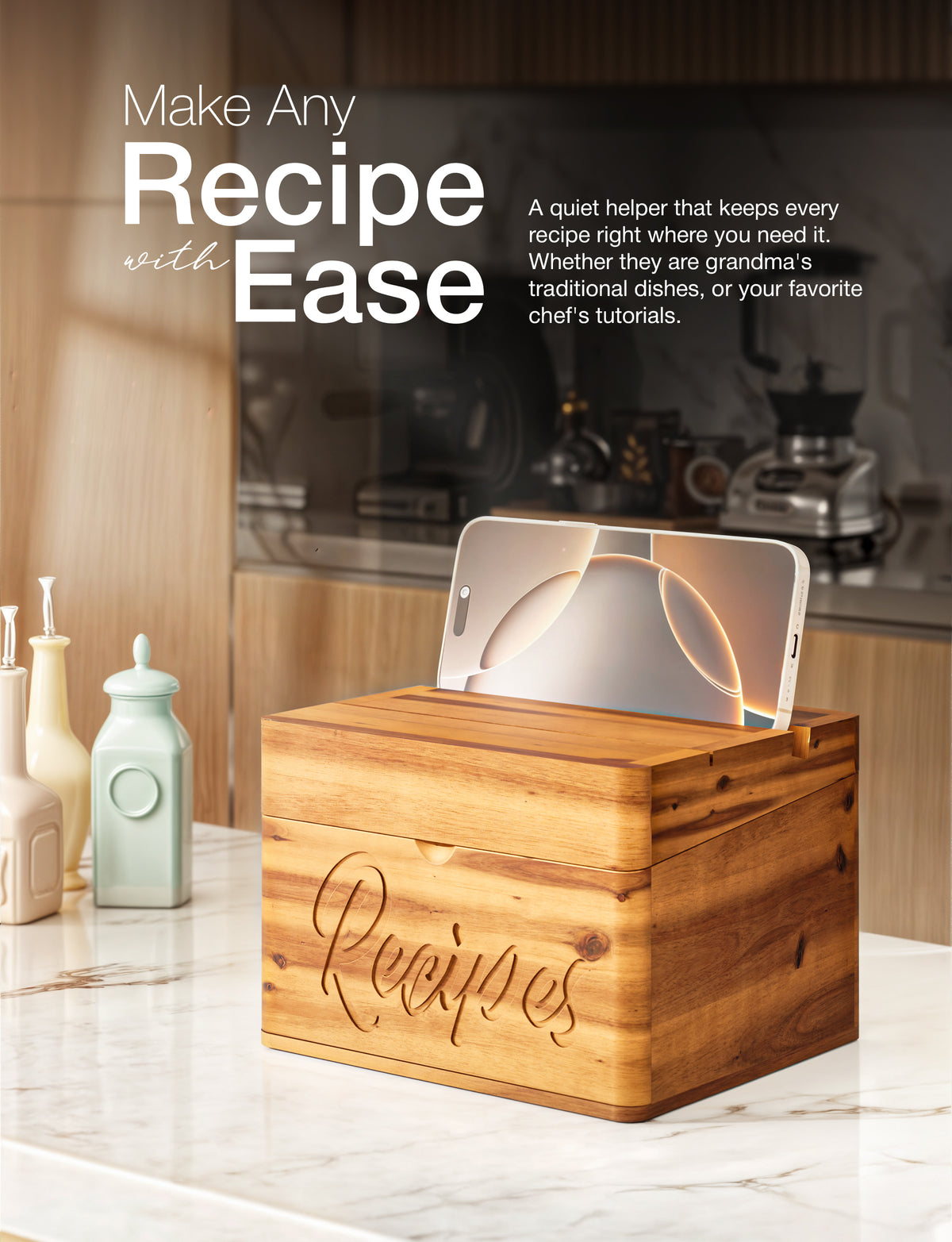Acacia Recipe Box with Card Slot & Phone Holder, 100 Recipe Cards-thumbmail-7