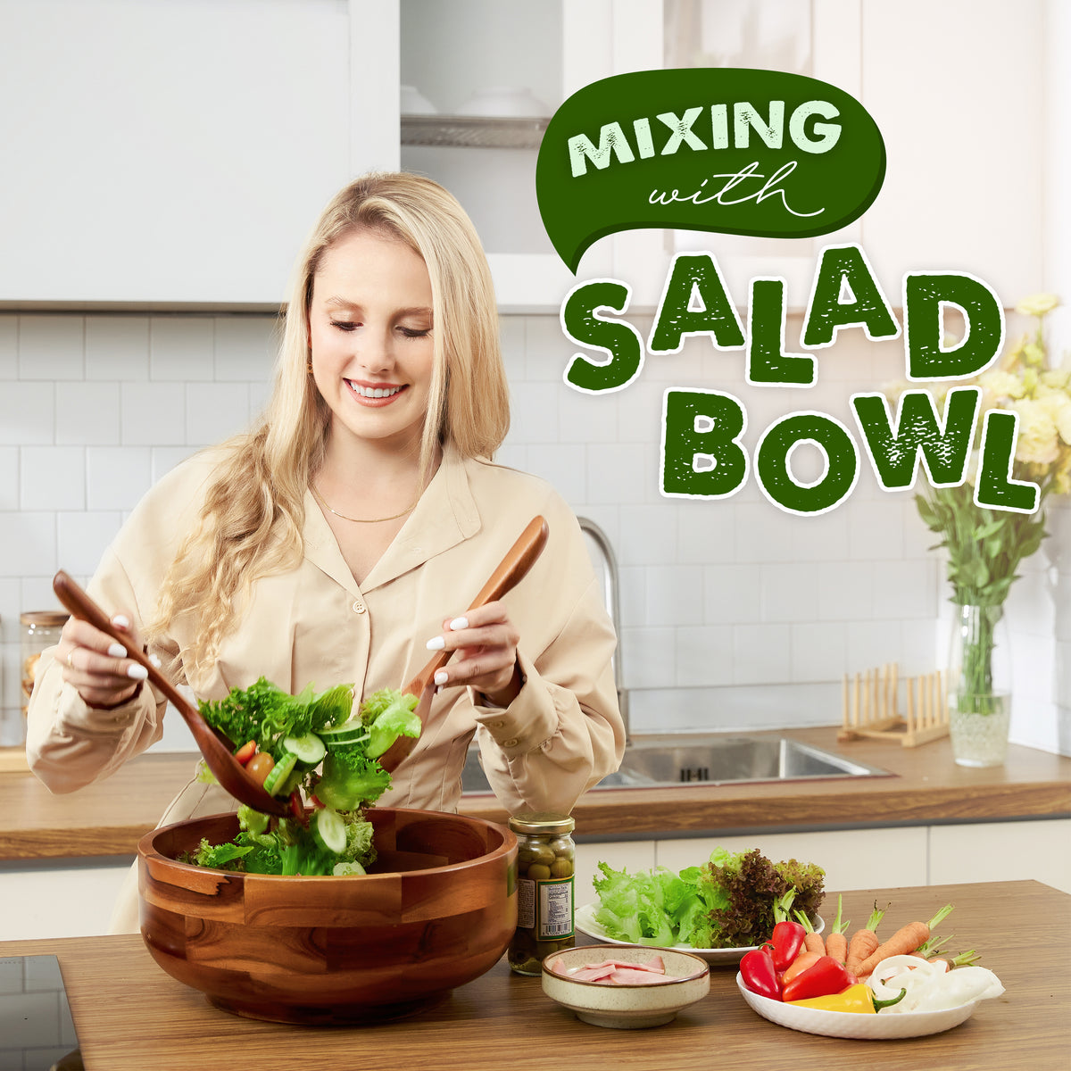 12" Salad Bowl Set with Serving Utensils, Solid Wood, Generous Size-thumbmail-5
