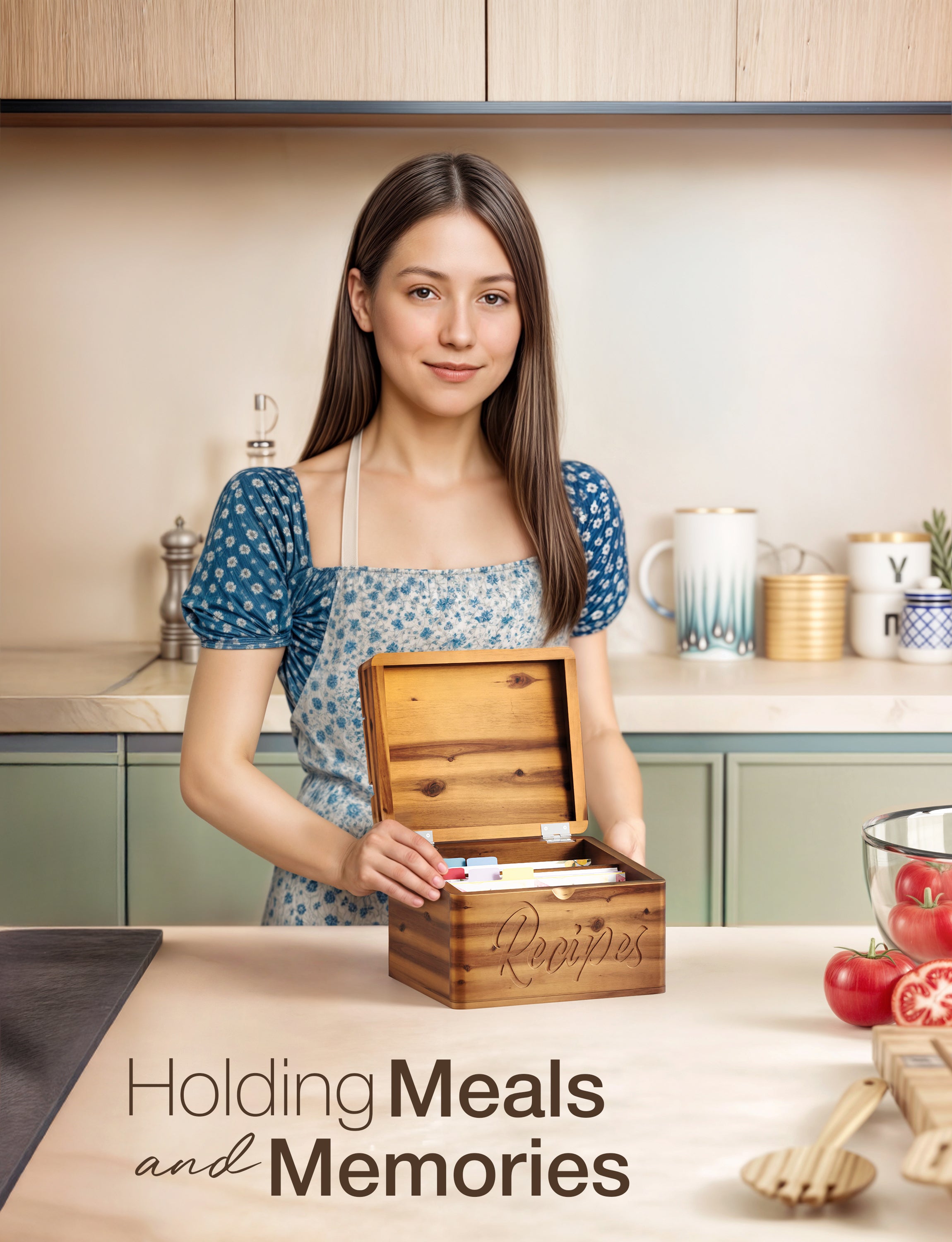 Acacia Recipe Box with Card Slot & Phone Holder, 100 Recipe Cards-thumbmail-2