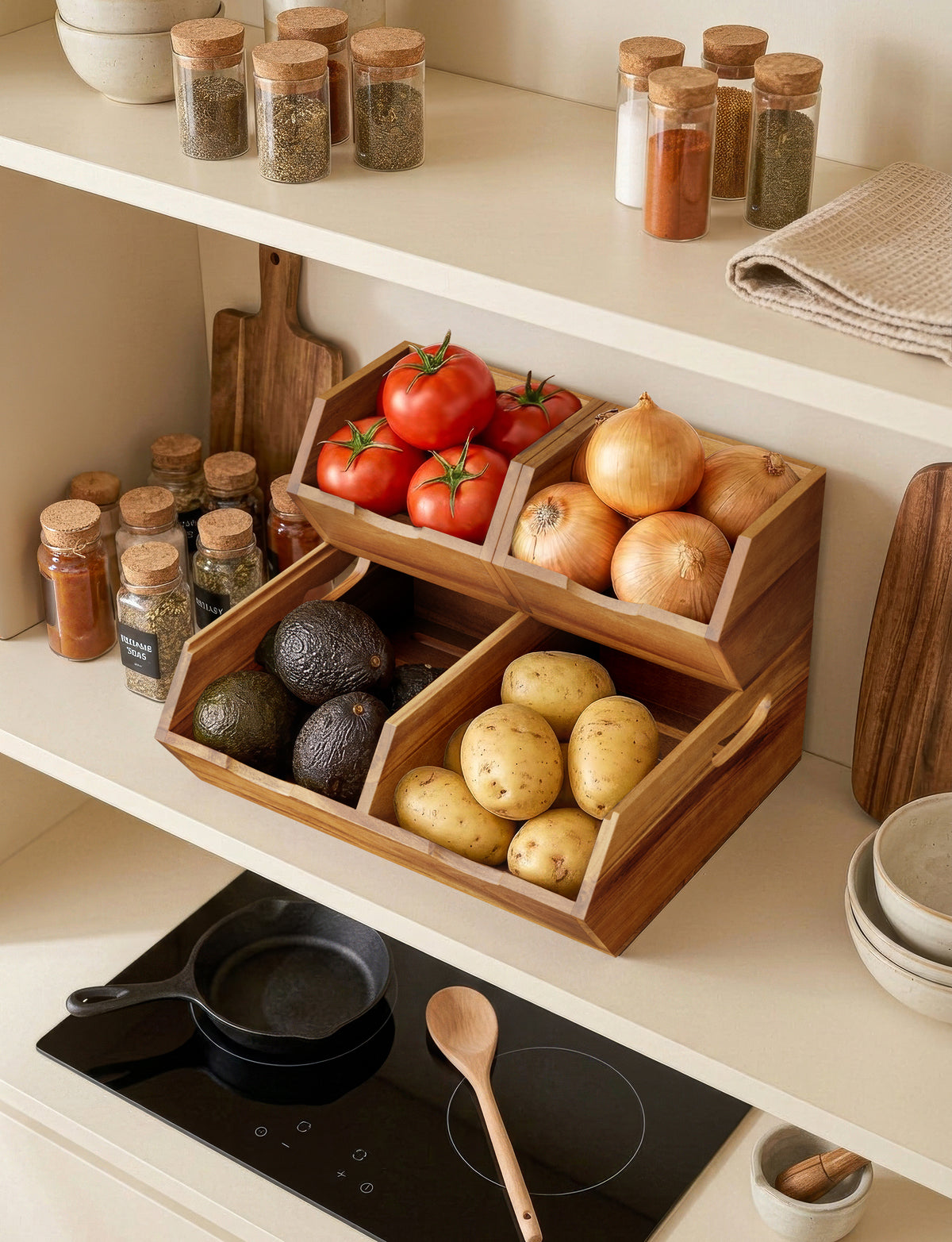 Set of 3 Pantry Storage Bins with handle & ventilated base - Acacia color