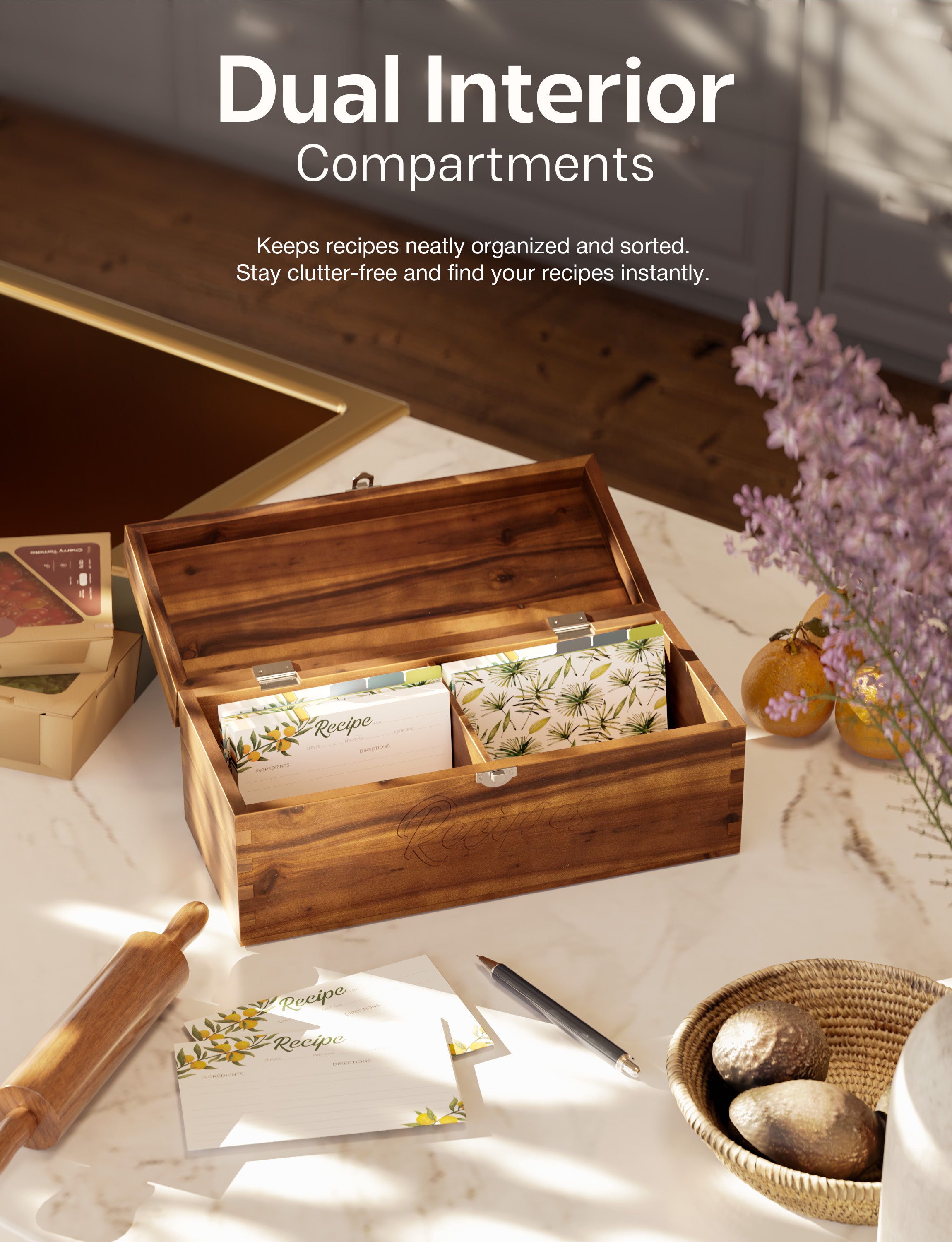 Large Wooden Recipe Box with Recipe Cards & Dividers (Walnut color)-thumbmail-6