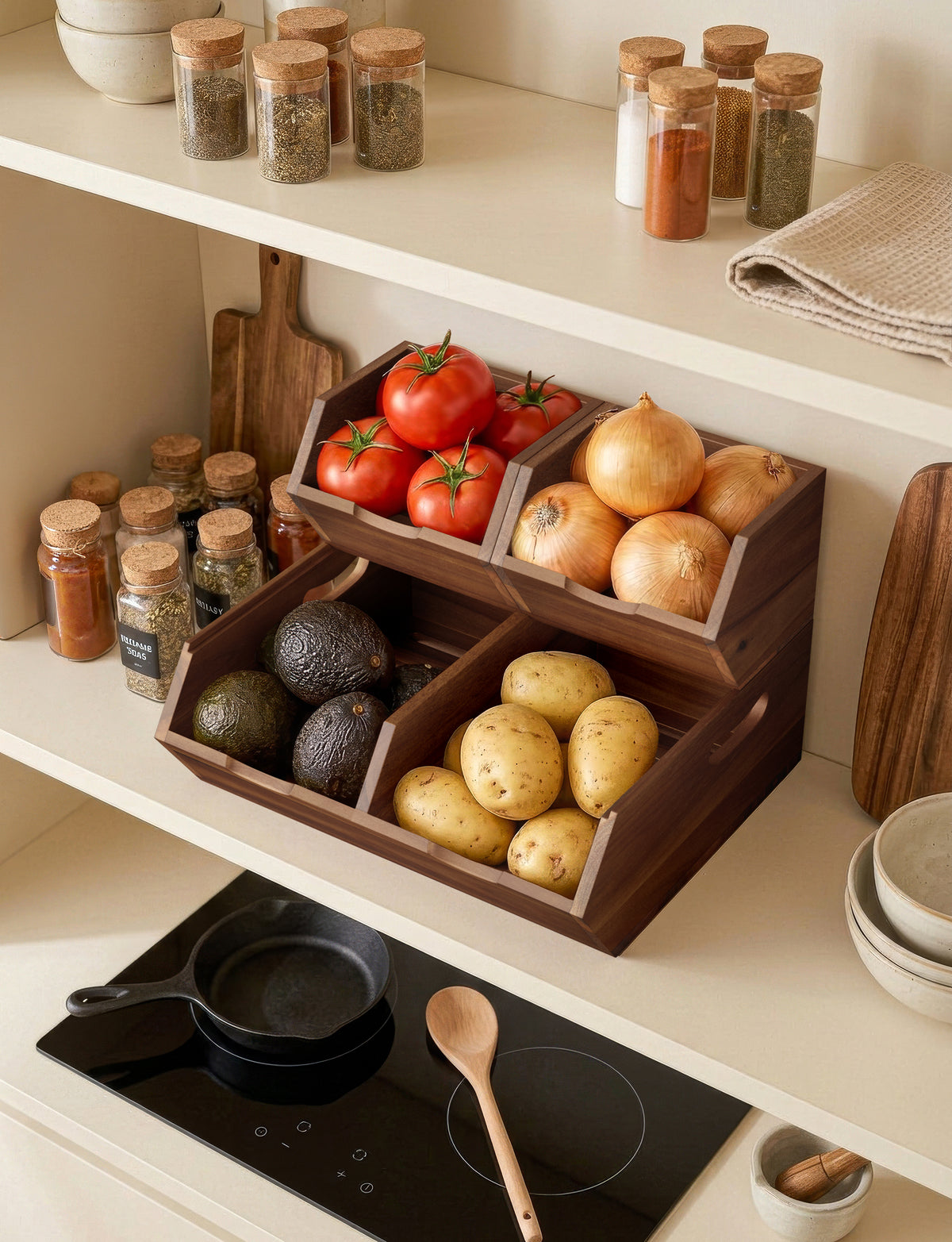Set of 3 Pantry Storage Bins with handle & ventilated base - Walnut color-thumbmail-2