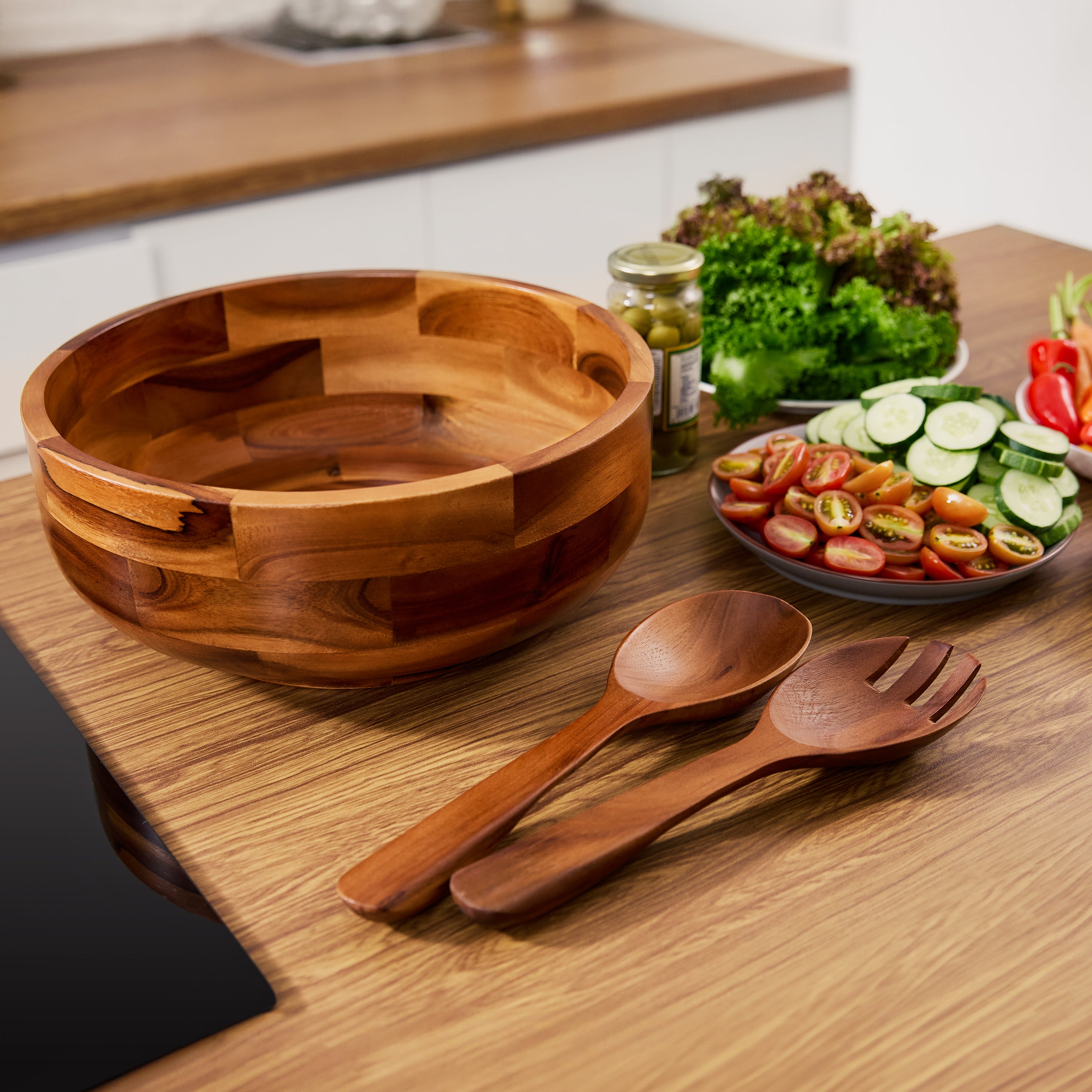 12" Salad Bowl Set with Serving Utensils, Solid Wood, Generous Size