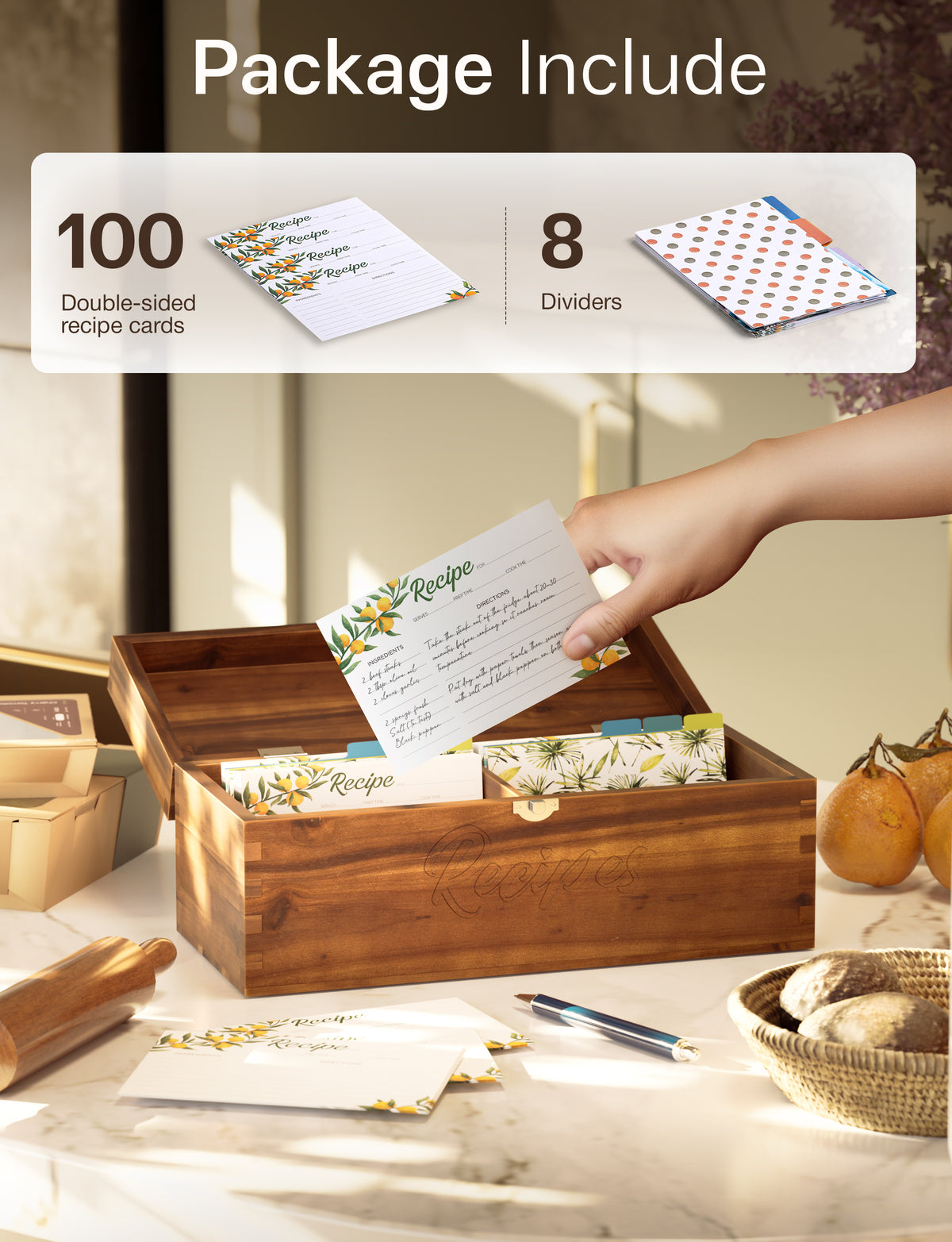 Large Wooden Recipe Box with Recipe Cards & Dividers (Walnut color)-thumbmail-7