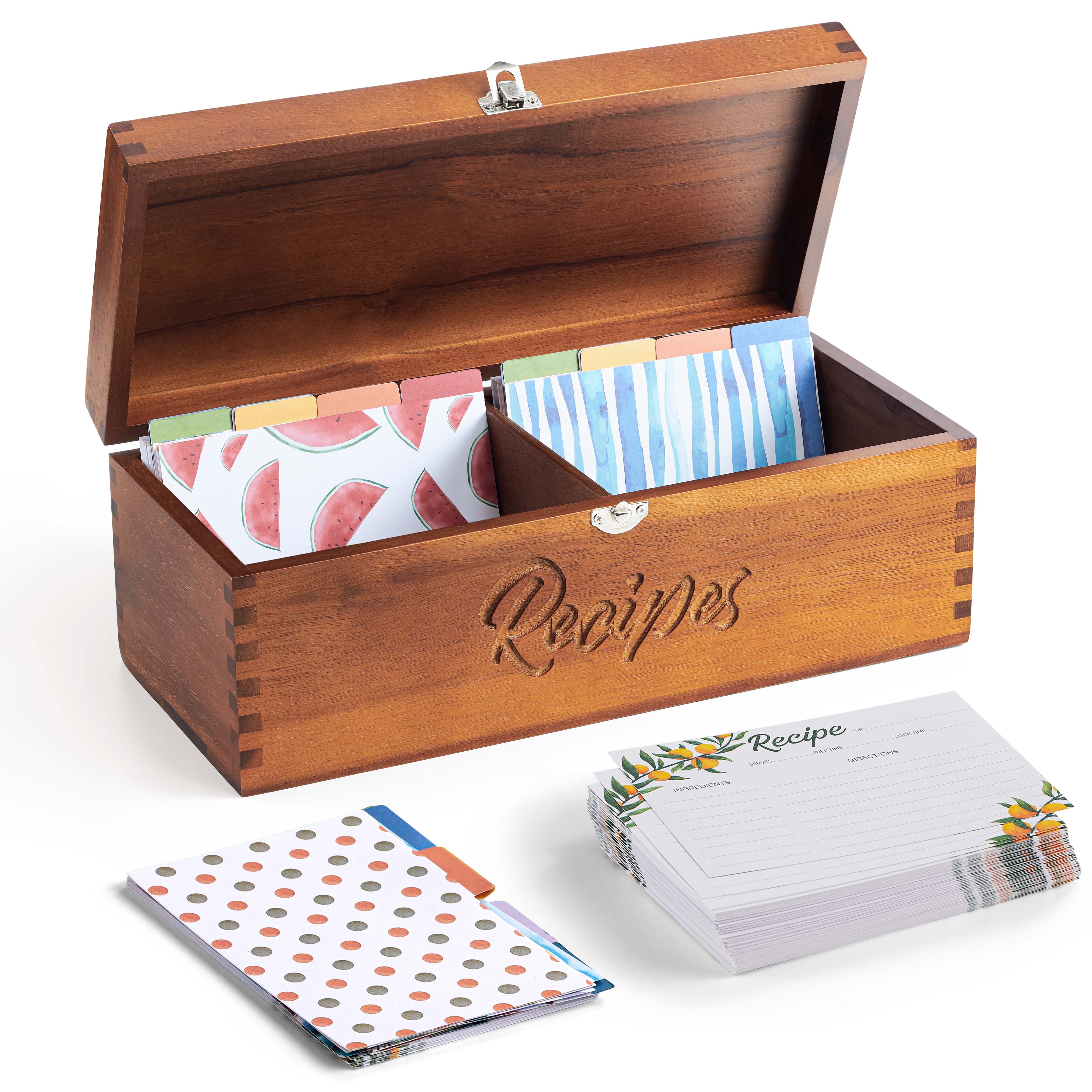 Large Wooden Recipe Box with Recipe Cards & Dividers, Card Slot-thumbmail-1