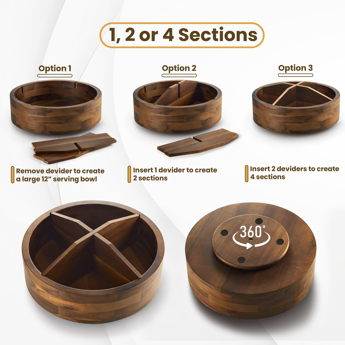 12" Wooden Lazy Susan Organizer with 4 Dividers, High Rim, Rotate-thumbmail-4