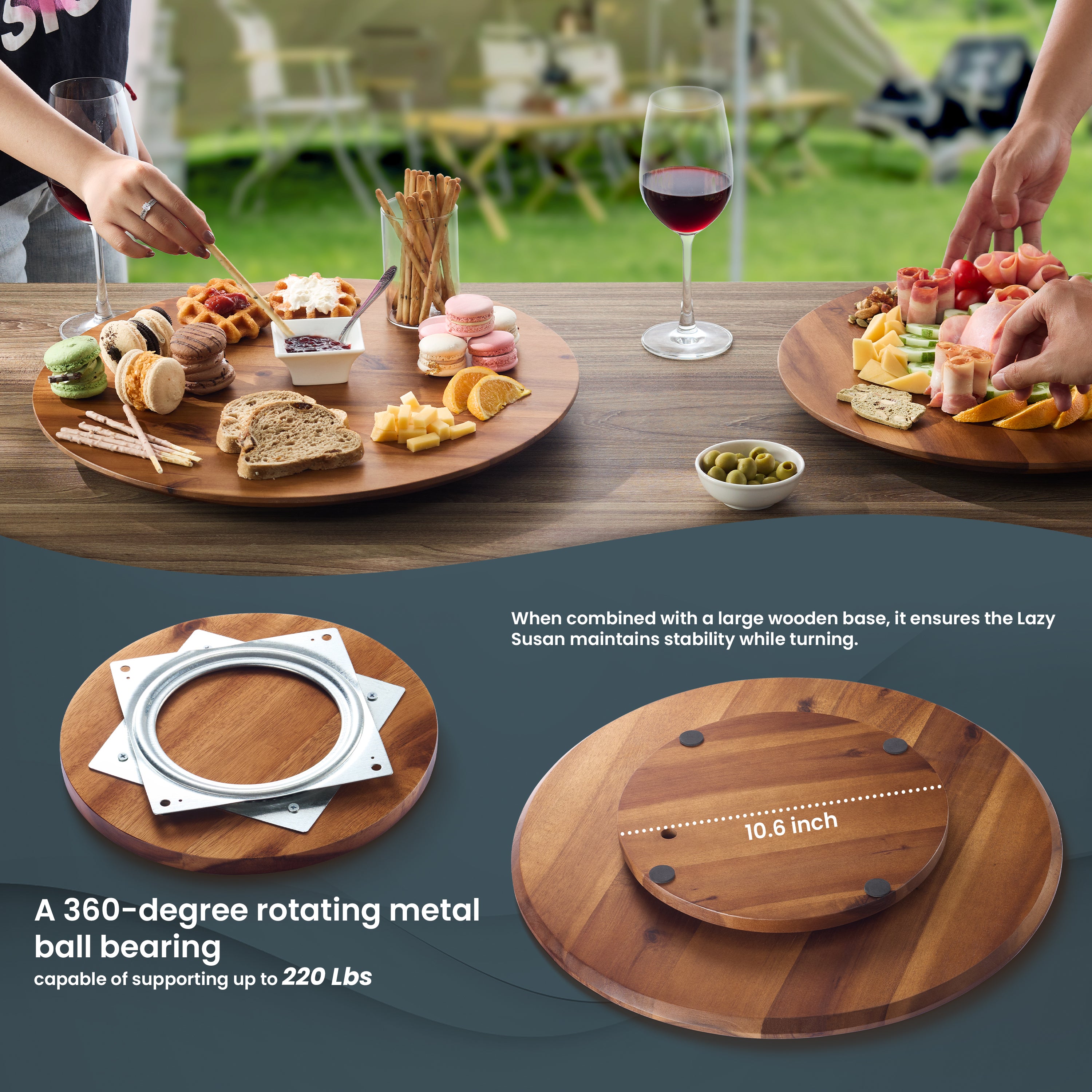 18" Acacia Wood Lazy Susan for Table Top, Swivel Charcuterie Board-thumbmail-4