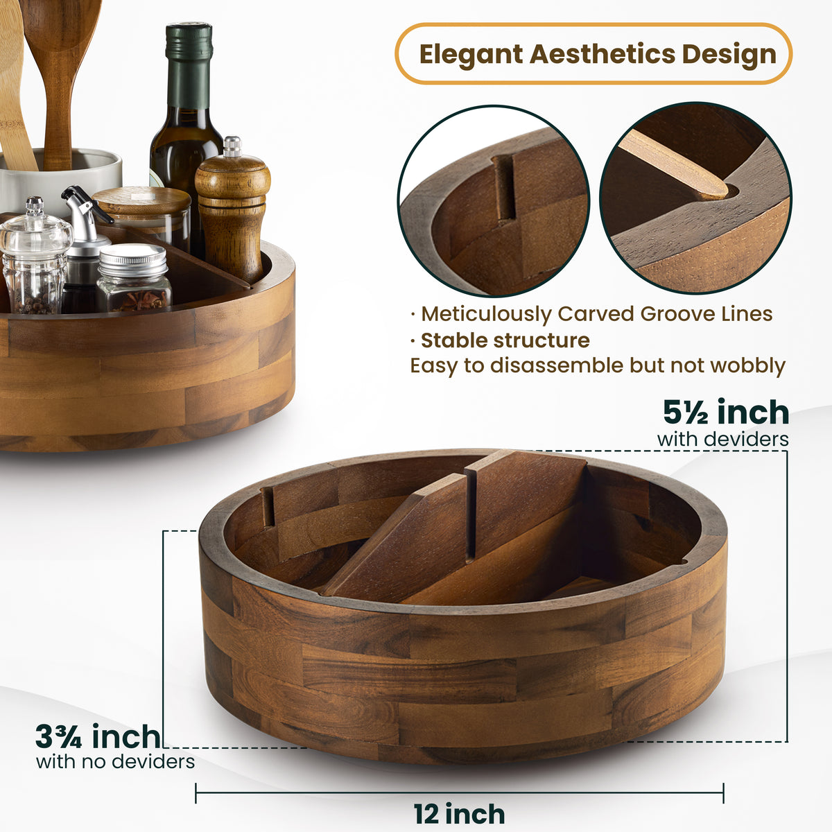 12" Wooden Lazy Susan Organizer with 4 Dividers, High Rim, Rotate-thumbmail-5