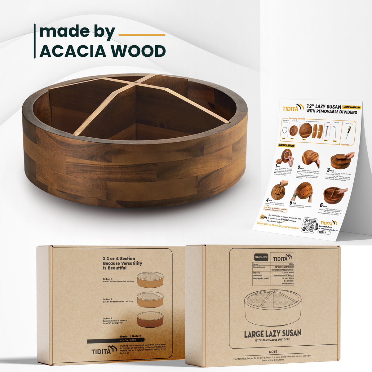 12" Wooden Lazy Susan Organizer with 4 Dividers, High Rim, Rotate-thumbmail-6