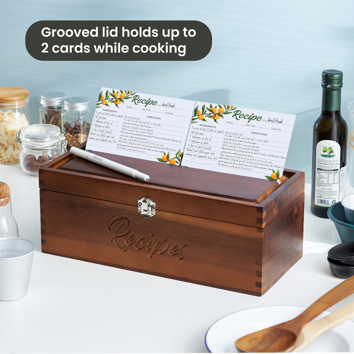 Large Wooden Recipe Box with Recipe Cards & Dividers, Card Slot-thumbmail-6
