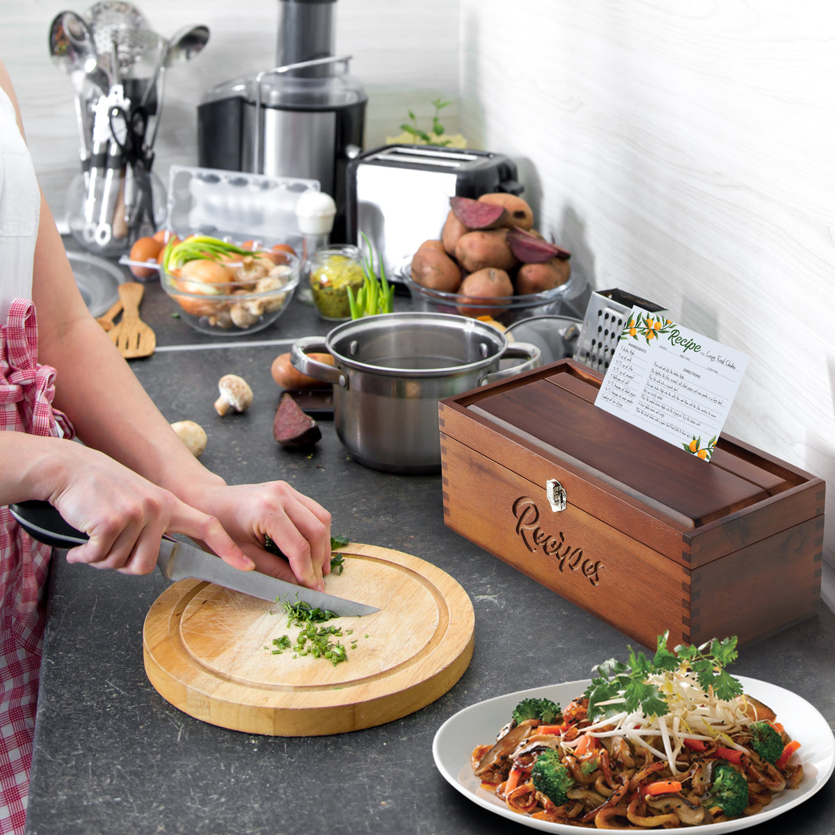 Large Wooden Recipe Box with Recipe Cards & Dividers, Card Slot-thumbmail-2