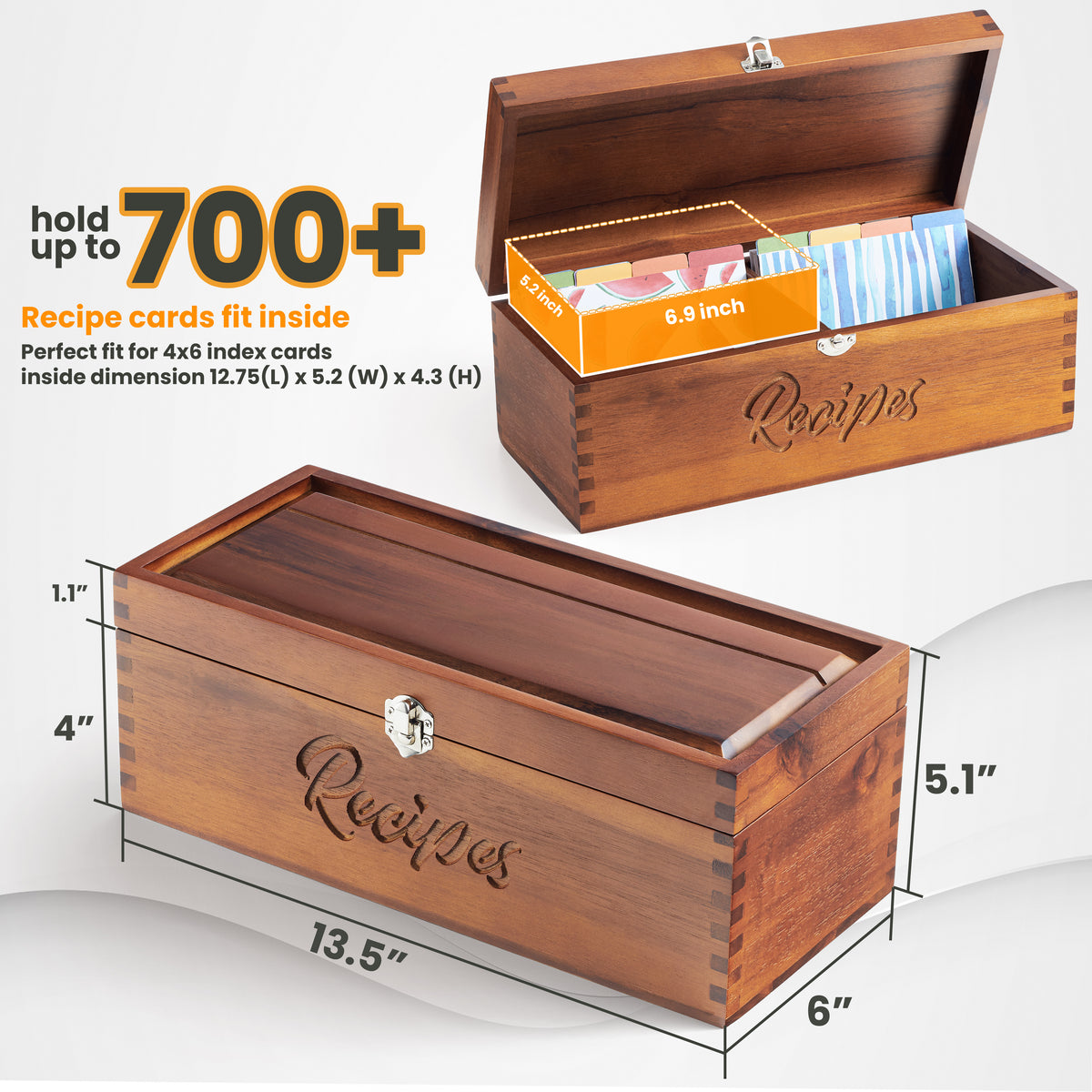 Large Wooden Recipe Box with Recipe Cards & Dividers, Card Slot-thumbmail-3