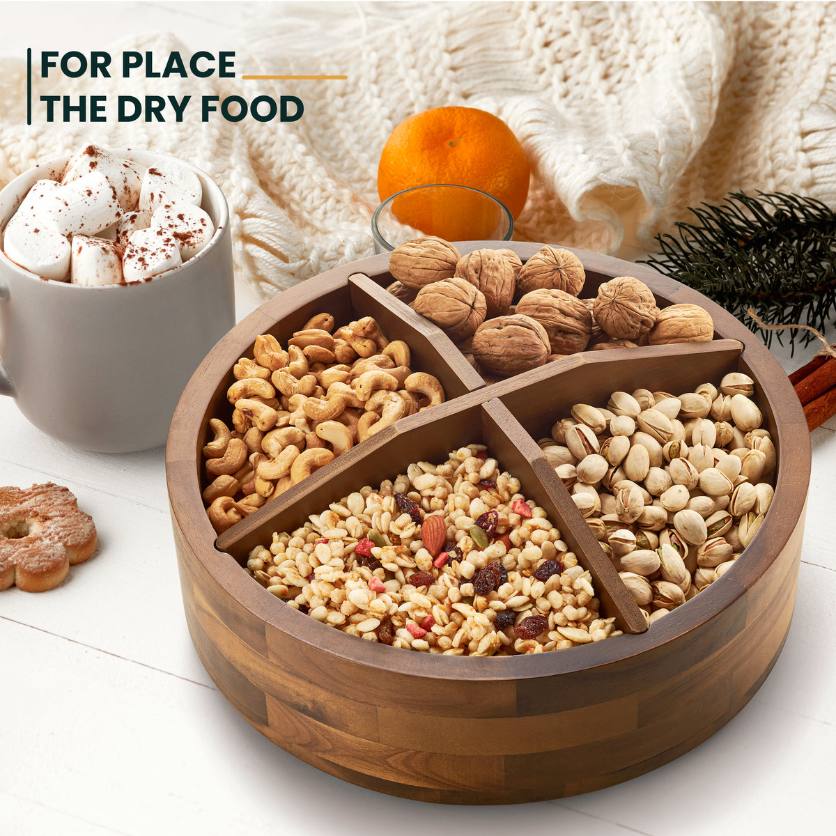 12" Wooden Lazy Susan Organizer with 4 Dividers, High Rim, Rotate-thumbmail-7