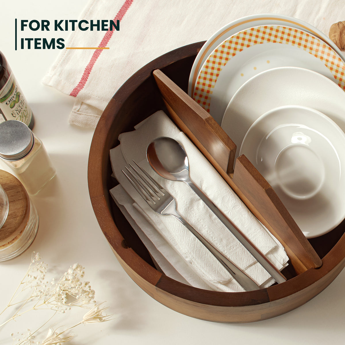 12" Wooden Lazy Susan Organizer with 4 Dividers, High Rim, Rotate