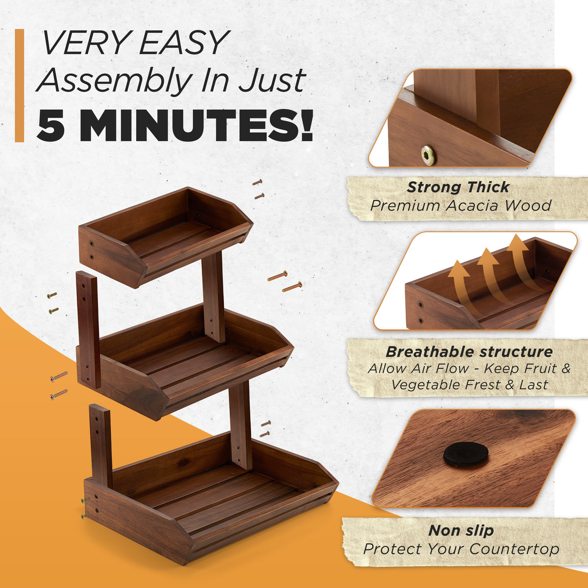 Acacia Wood 3 Tier Fruit Basket, Durable, for Fruit and Vegetables-thumbmail-4
