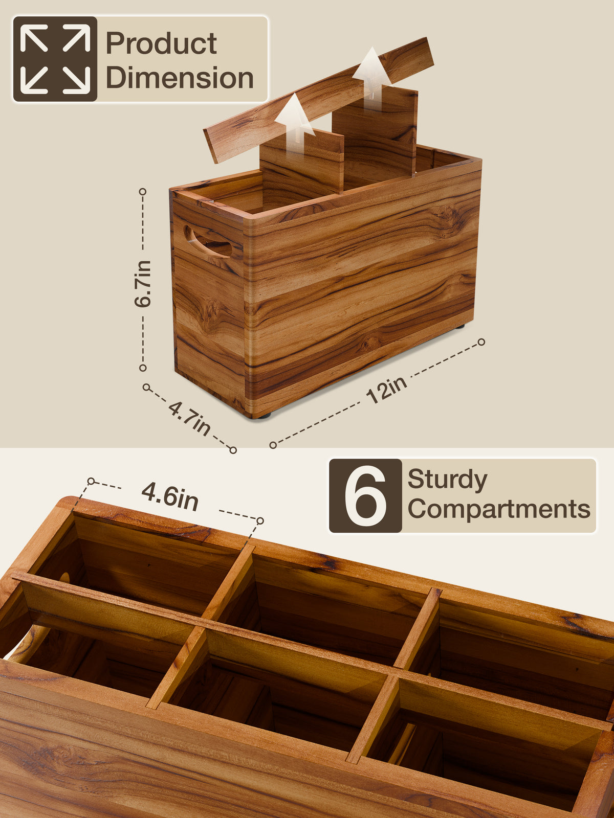 Teak Wooden Utensil Holder Counter, 6 Compartments, Large Size-thumbmail-3