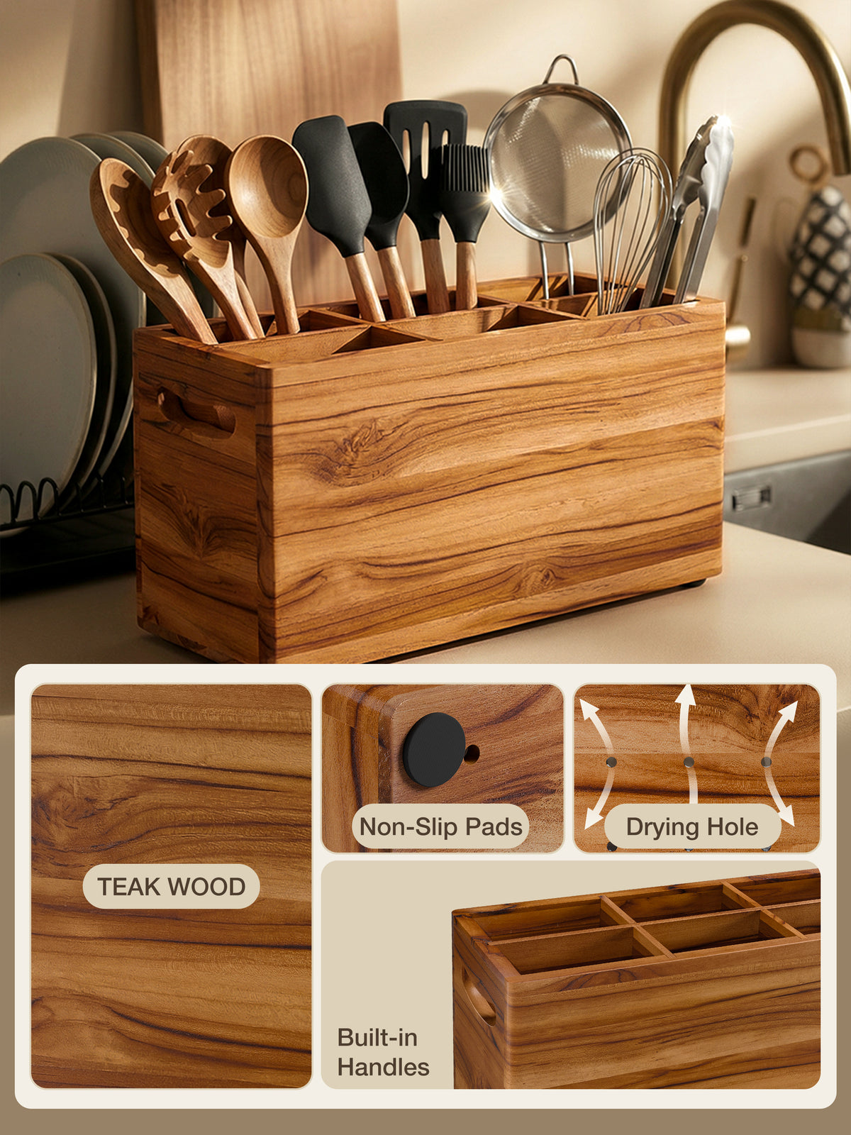 Teak Wooden Utensil Holder Counter, 6 Compartments, Large Size-thumbmail-4