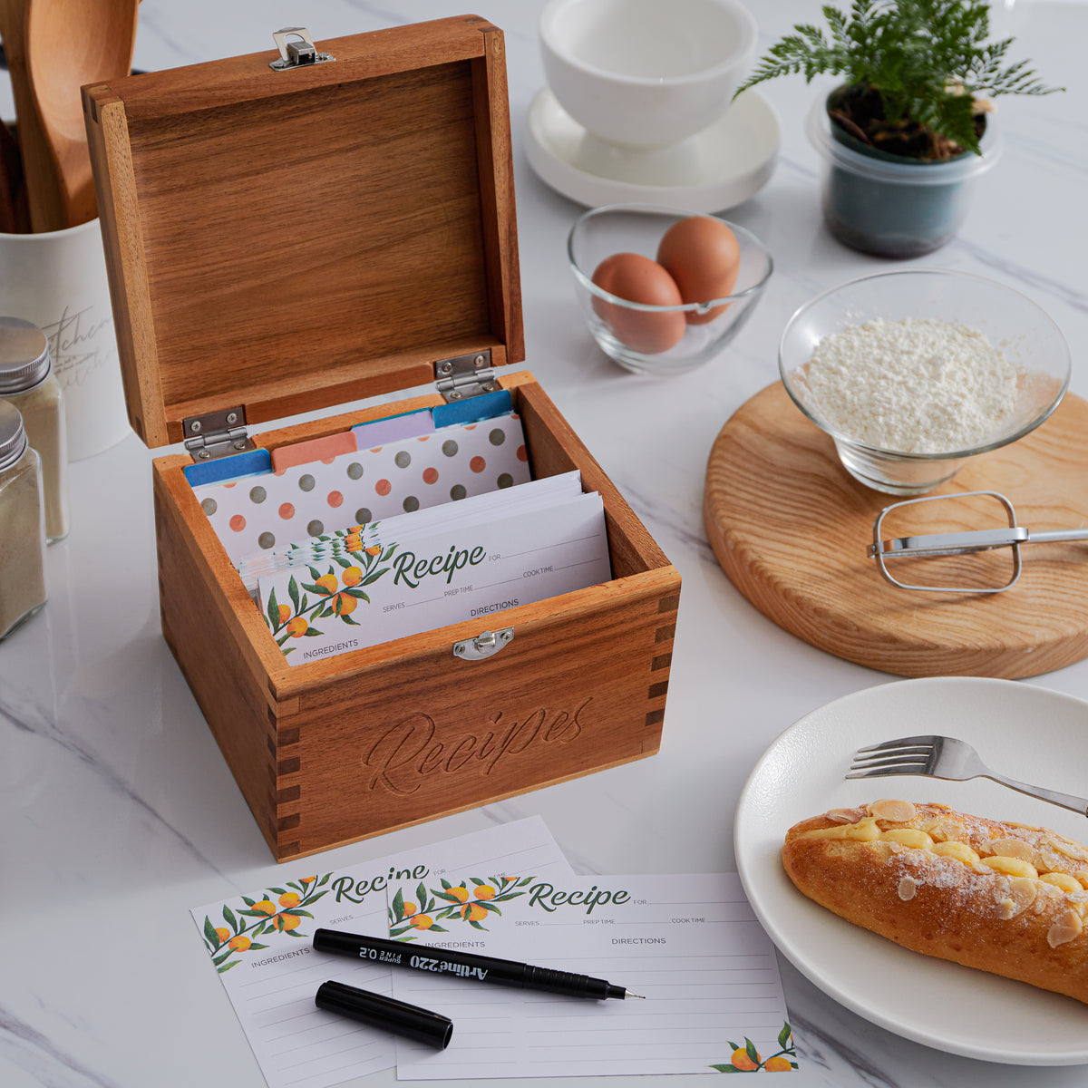 Small Wooden Recipe Box with Recipe Cards & Dividers, Card Slot-thumbmail-6