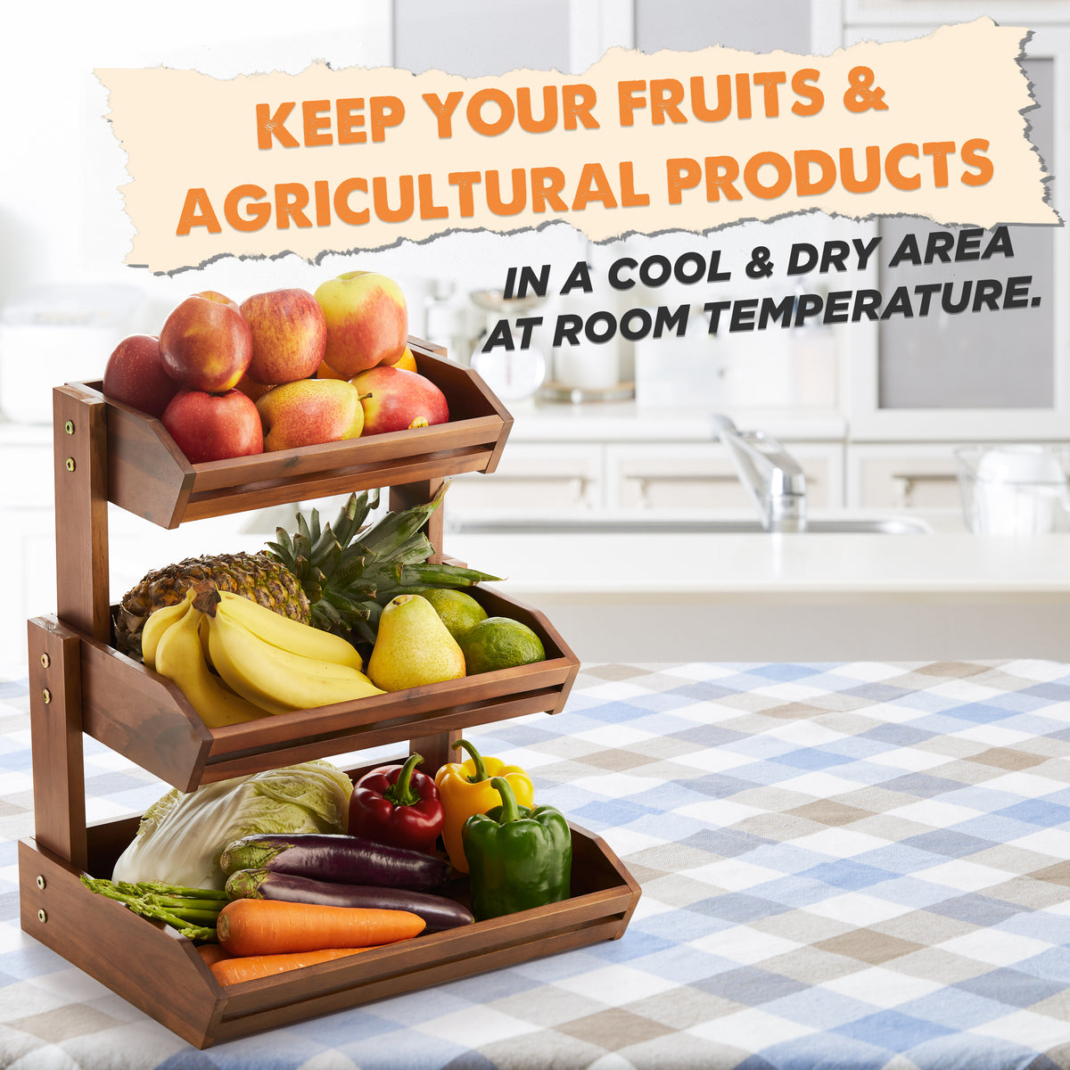 Acacia Wood 3 Tier Fruit Basket, Durable, for Fruit and Vegetables-thumbmail-3