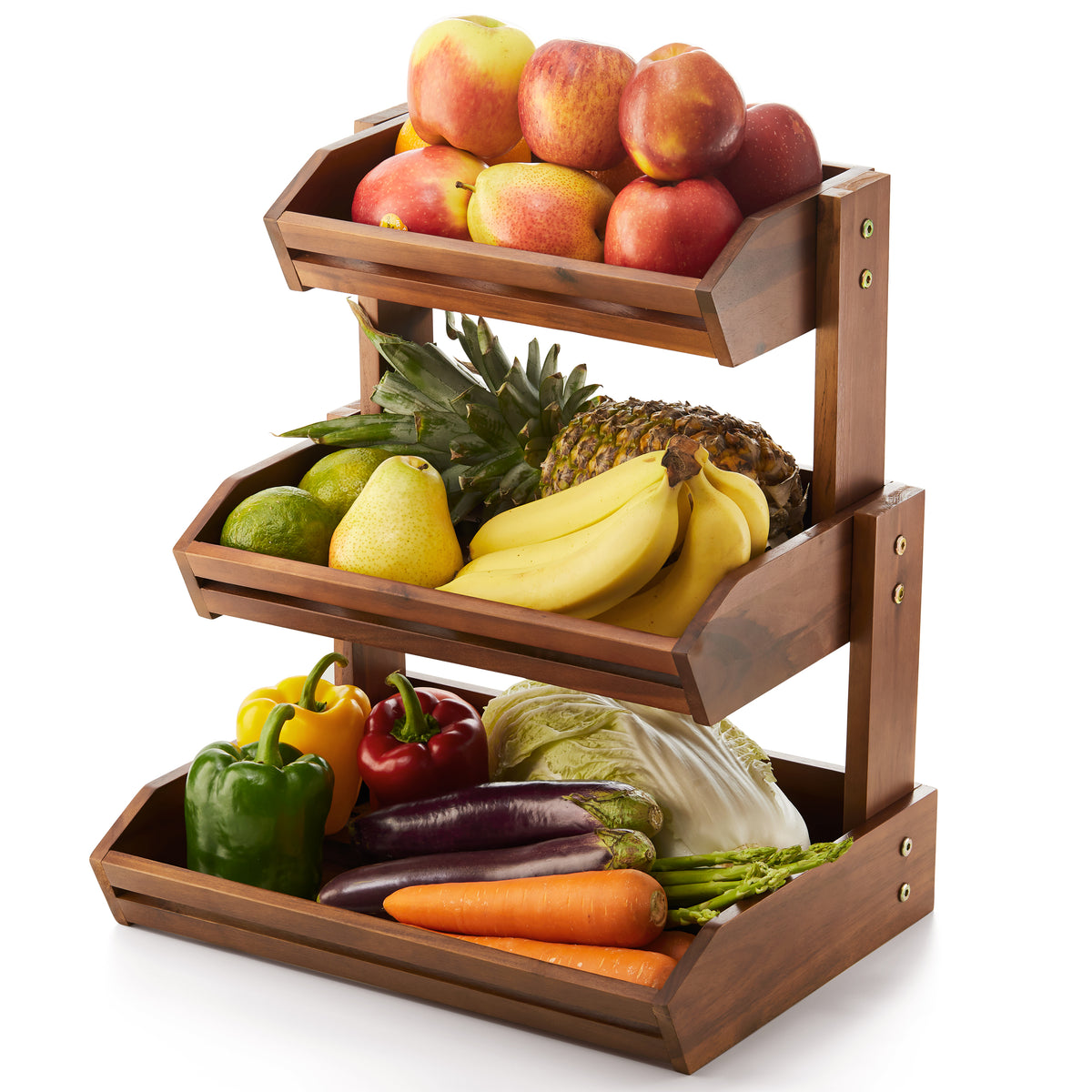 Acacia Wood 3 Tier Fruit Basket, Durable, for Fruit and Vegetables