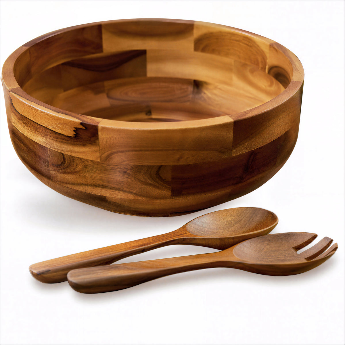 12" Salad Bowl Set with Serving Utensils, Solid Wood, Generous Size