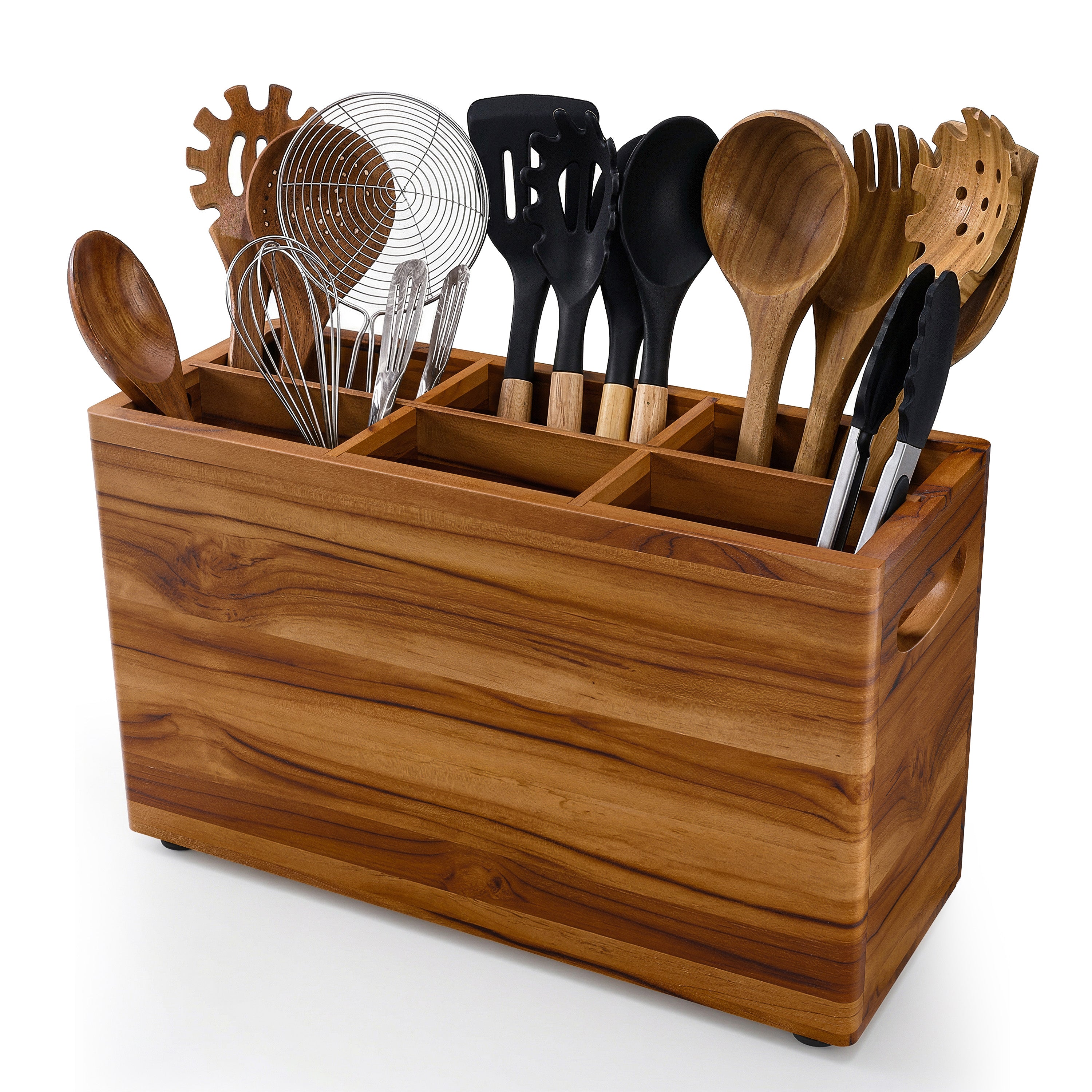 Teak Wooden Utensil Holder Counter, 6 Compartments, Large Size-thumbmail-1