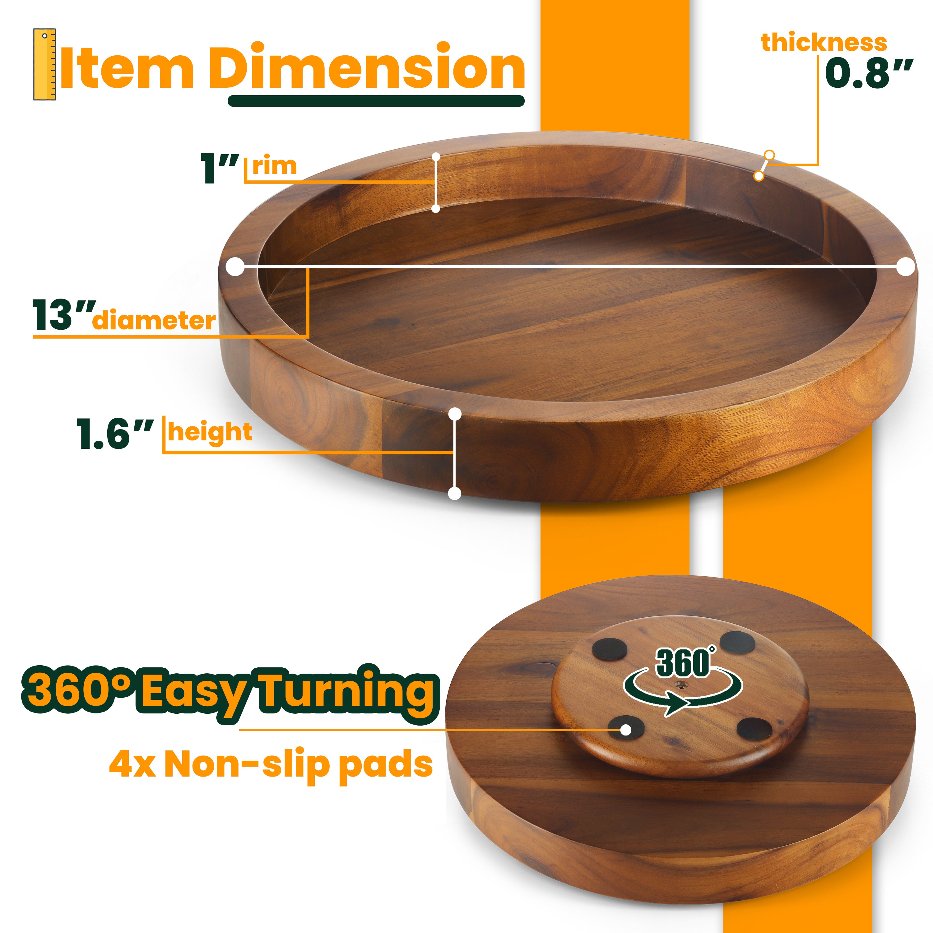 13" Wooden Lazy Susan Organizer for Cabinet, 360° Rotation, High Rim-thumbmail-6