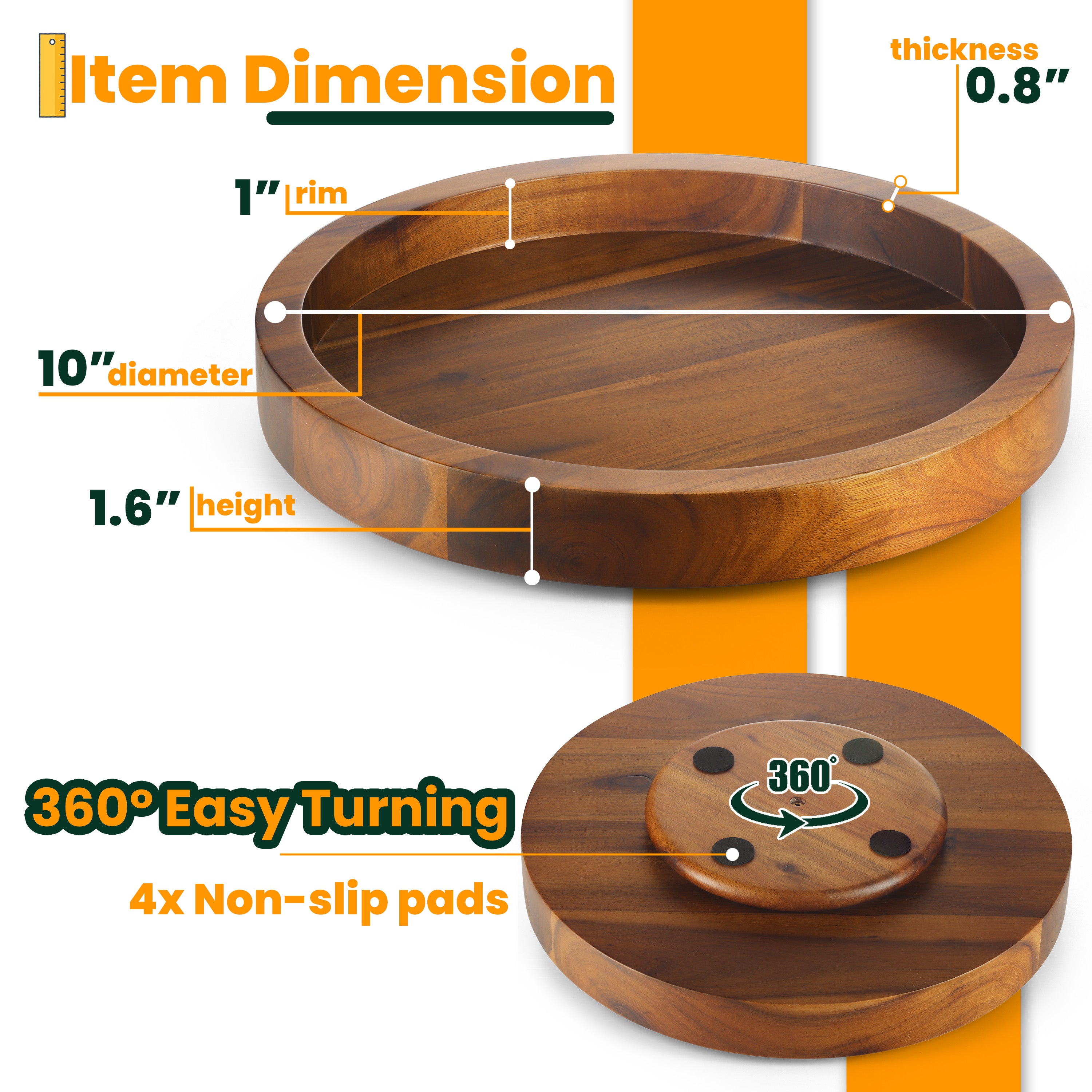 10" Wooden Lazy Susan Organizer for Cabinet, 360° Rotation, High Rim-thumbmail-4