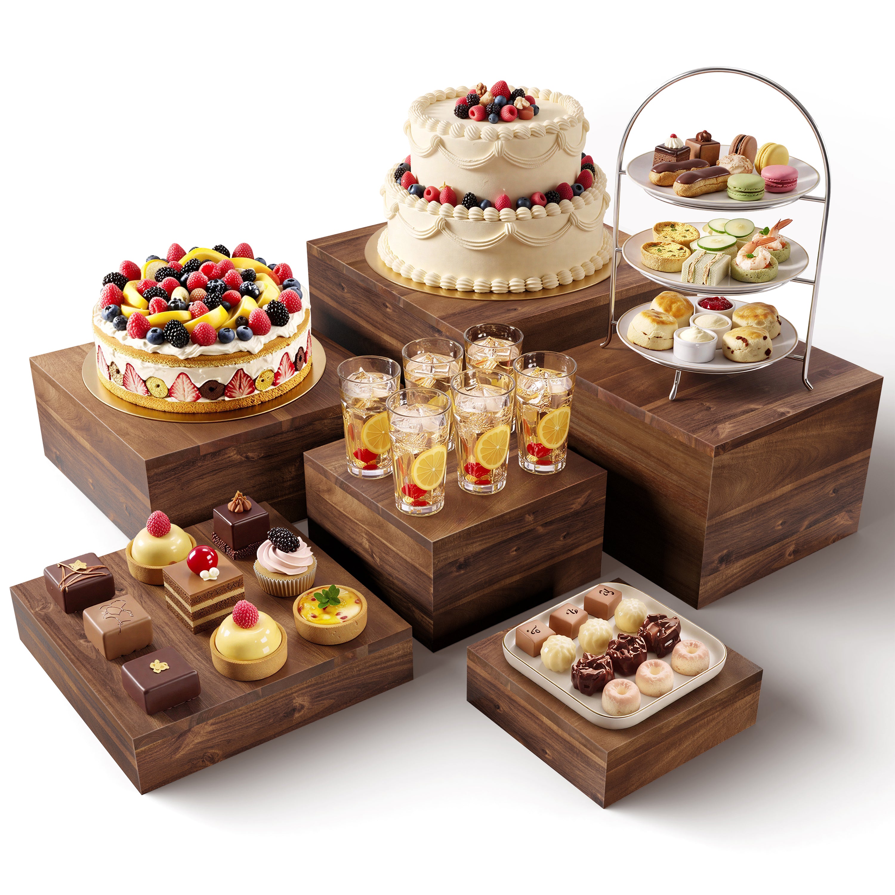 Buffet Risers And Stands, Food Risers for Buffet Table, Walnut Color