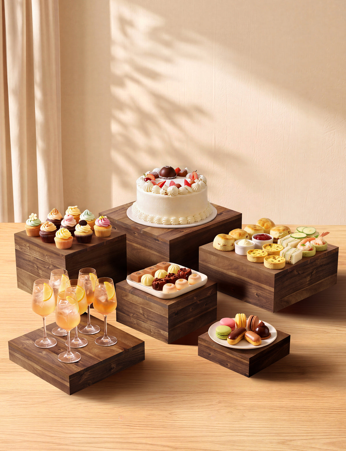 Buffet Risers And Stands, Food Risers for Buffet Table, Walnut Color-thumbmail-6