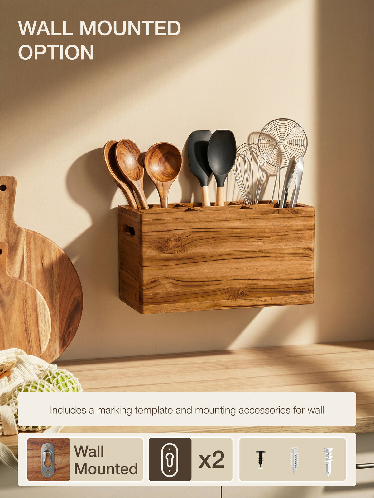 Teak Wooden Utensil Holder Counter, 6 Compartments, Large Size-thumbmail-6