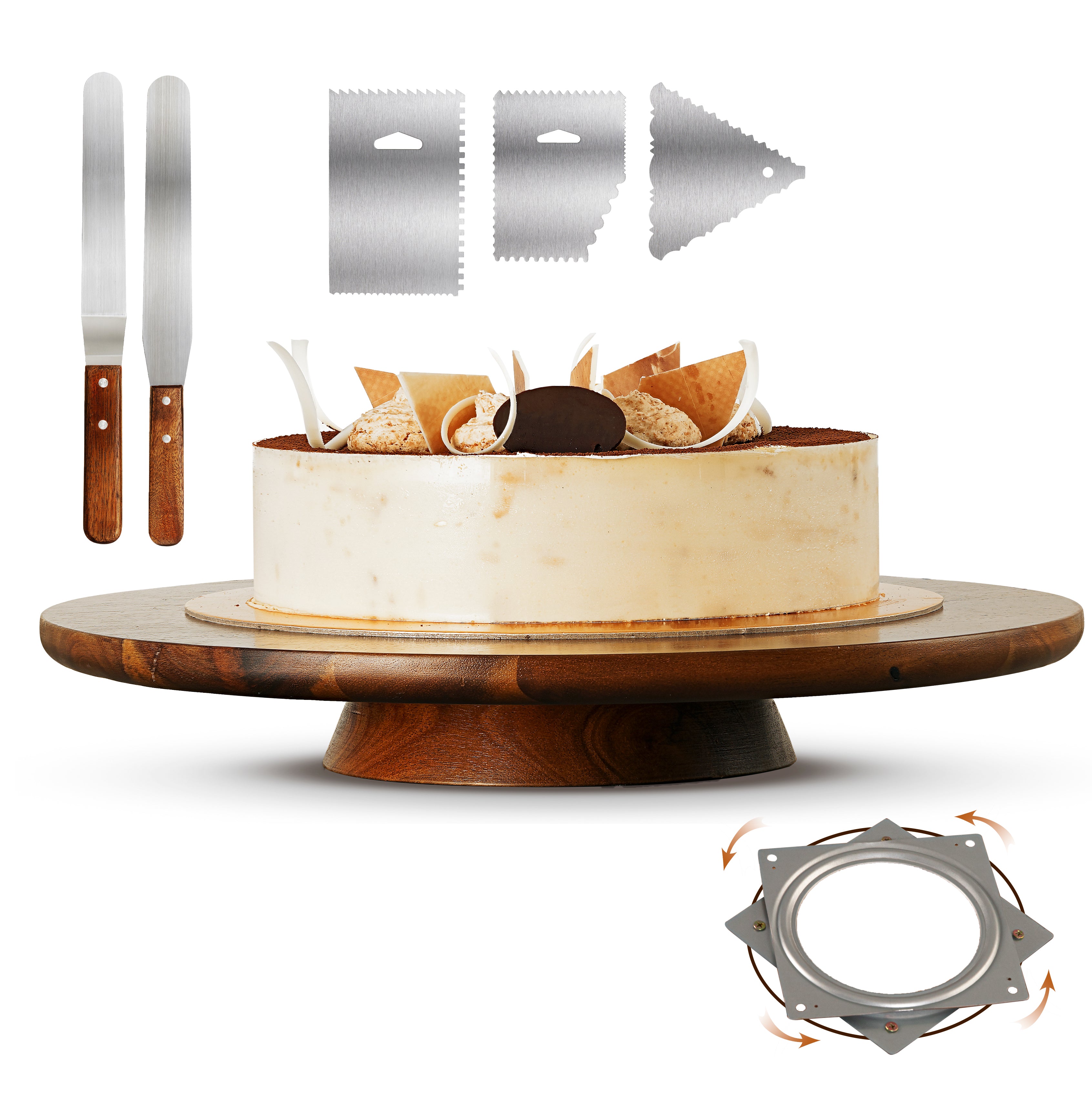 13" Acacia Cake Stand Rotating with 2 Icing Spatulas, 3 Smoothers