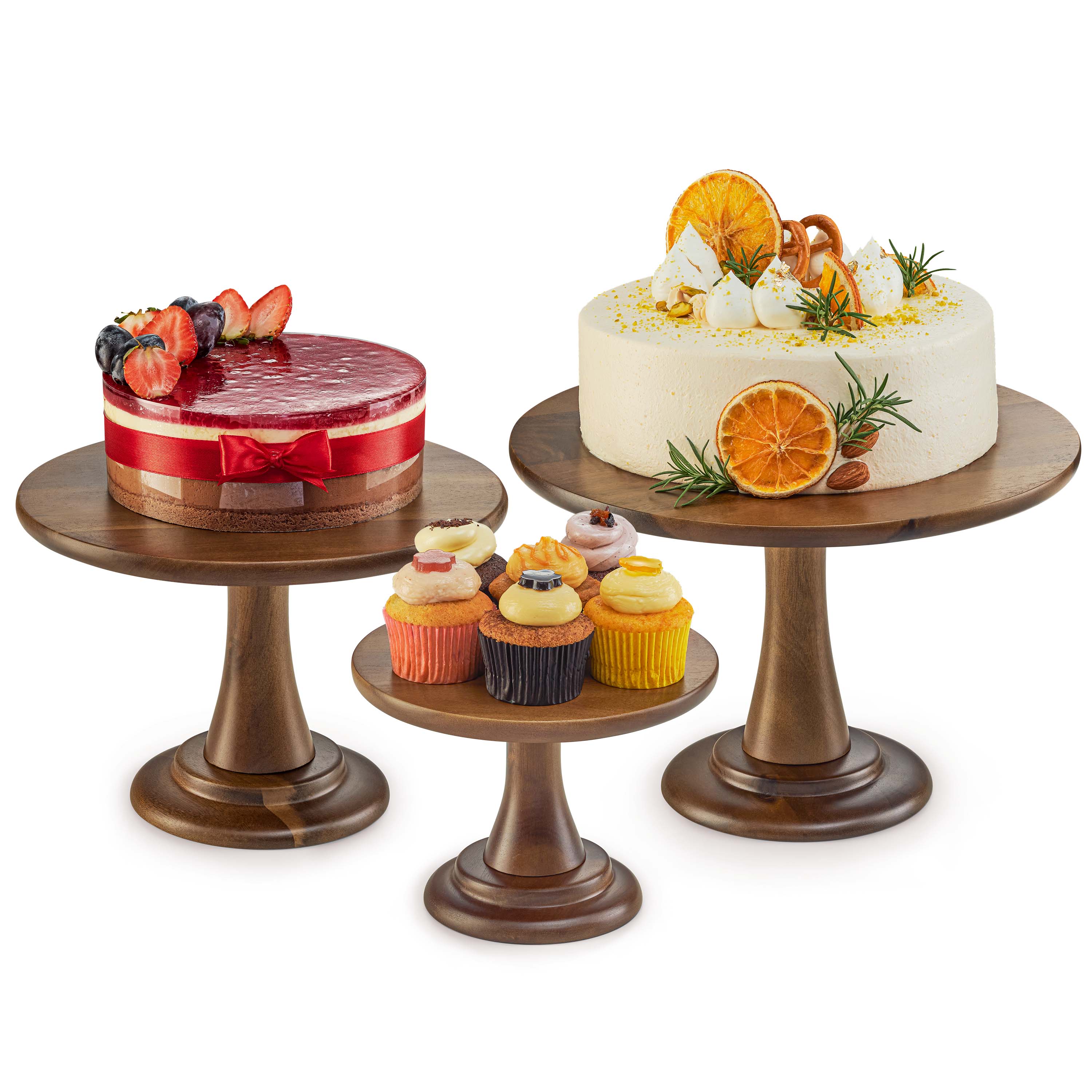 Set of 3 Size Wood Cake Stand Set, Easy To Assemble, Removable Tray-thumbmail-1