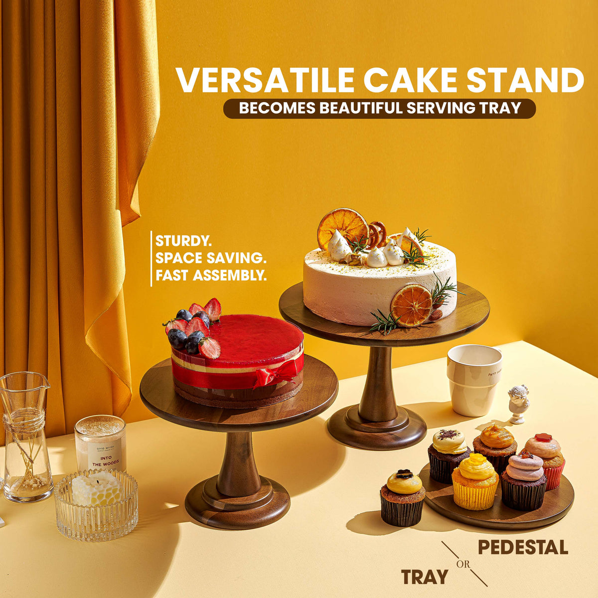 Set of 3 Size Wood Cake Stand Set, Easy To Assemble, Removable Tray-thumbmail-5