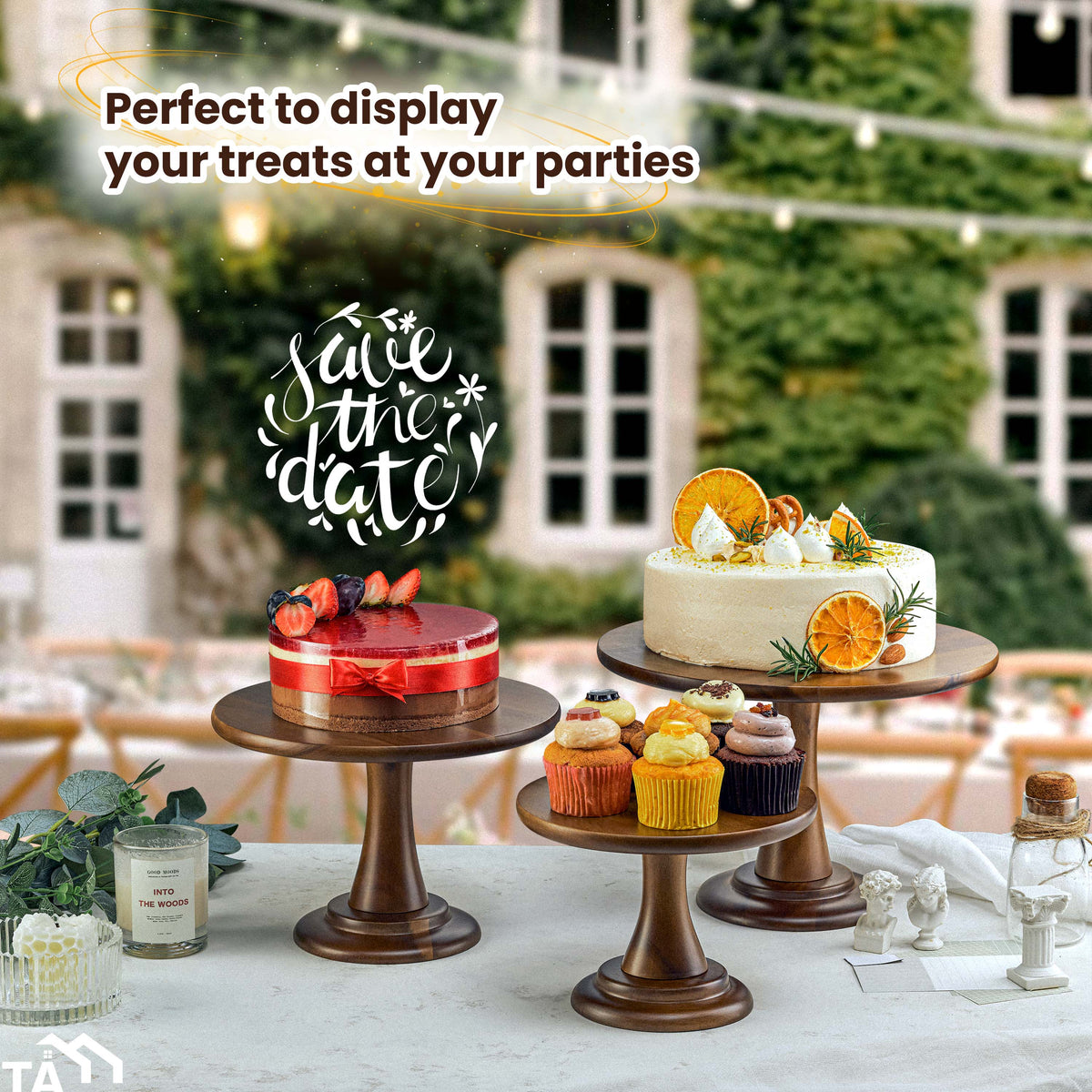 Set of 3 Size Wood Cake Stand Set, Easy To Assemble, Removable Tray-thumbmail-2